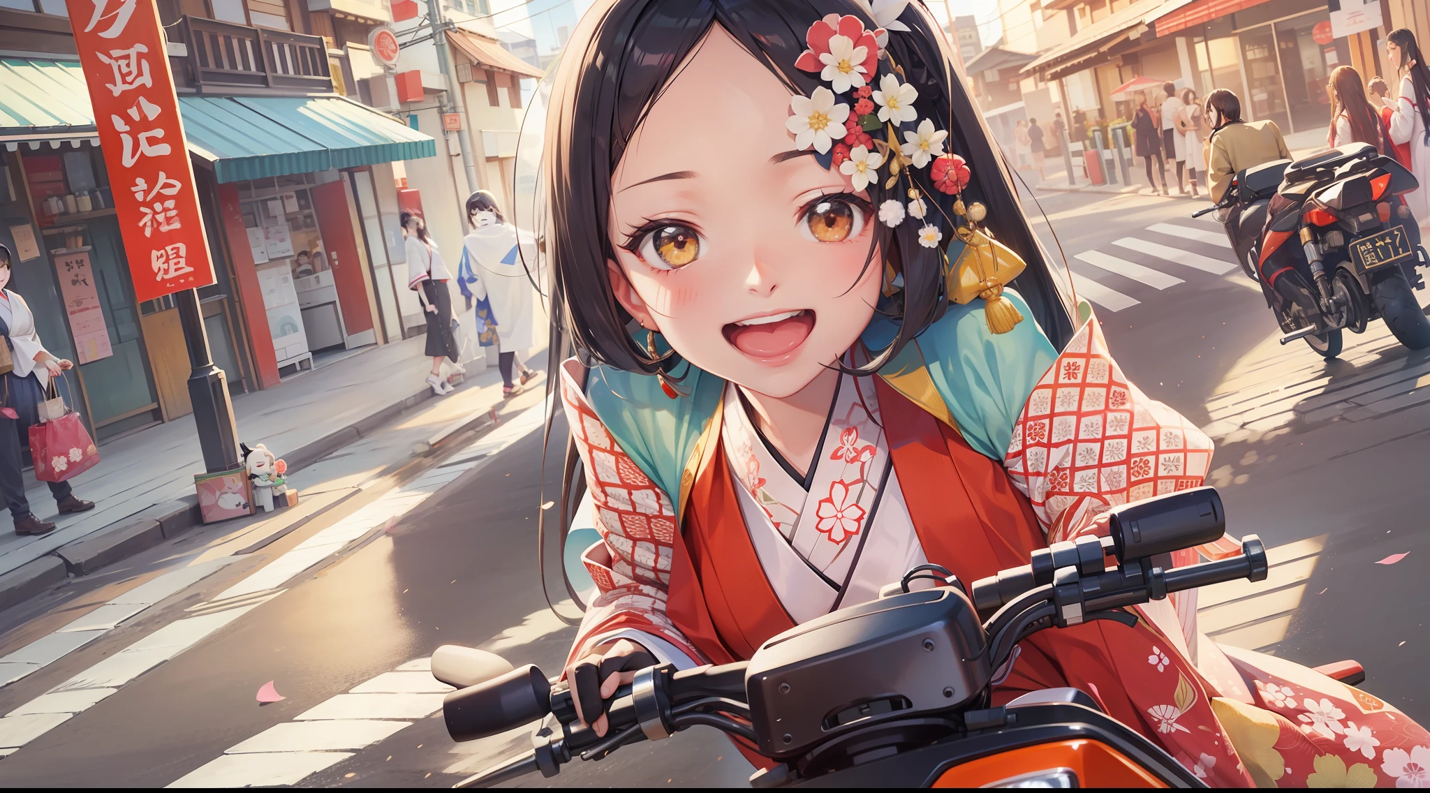 Kaguya in kimono, smiling, cute, accessories, doll riding a motorcycle in the city in summer