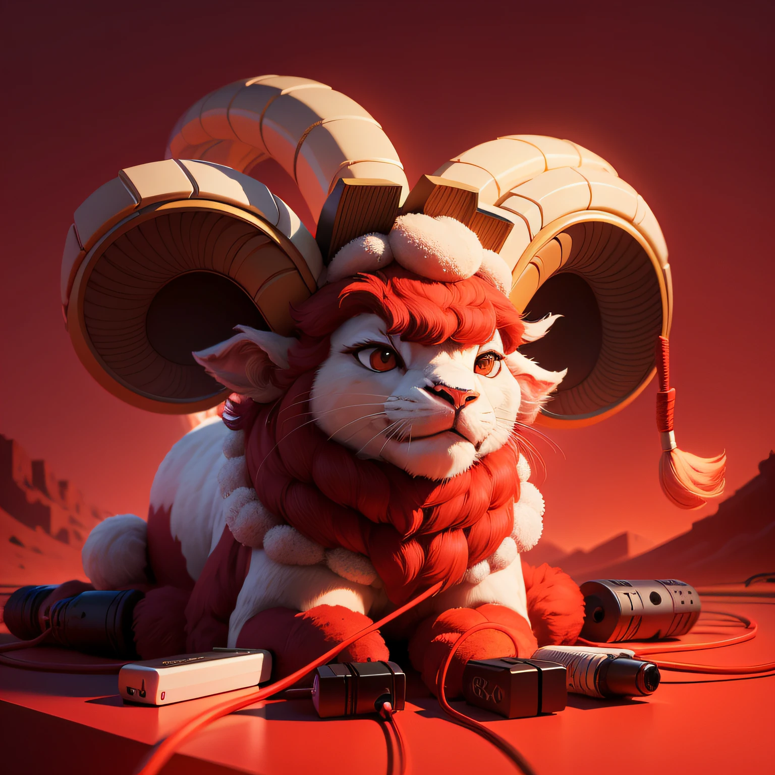 Ram drawing consisting of cables，Its concept is related to Eid al-Adha、cartoony、Graphic design、Red background related，Eid al-Adha