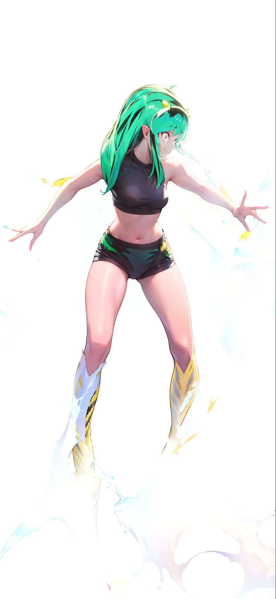 Tiger print boots、sport underwear、Woman with green hair and horns、dance、animesque、urusei yatsura、A smile、Background white