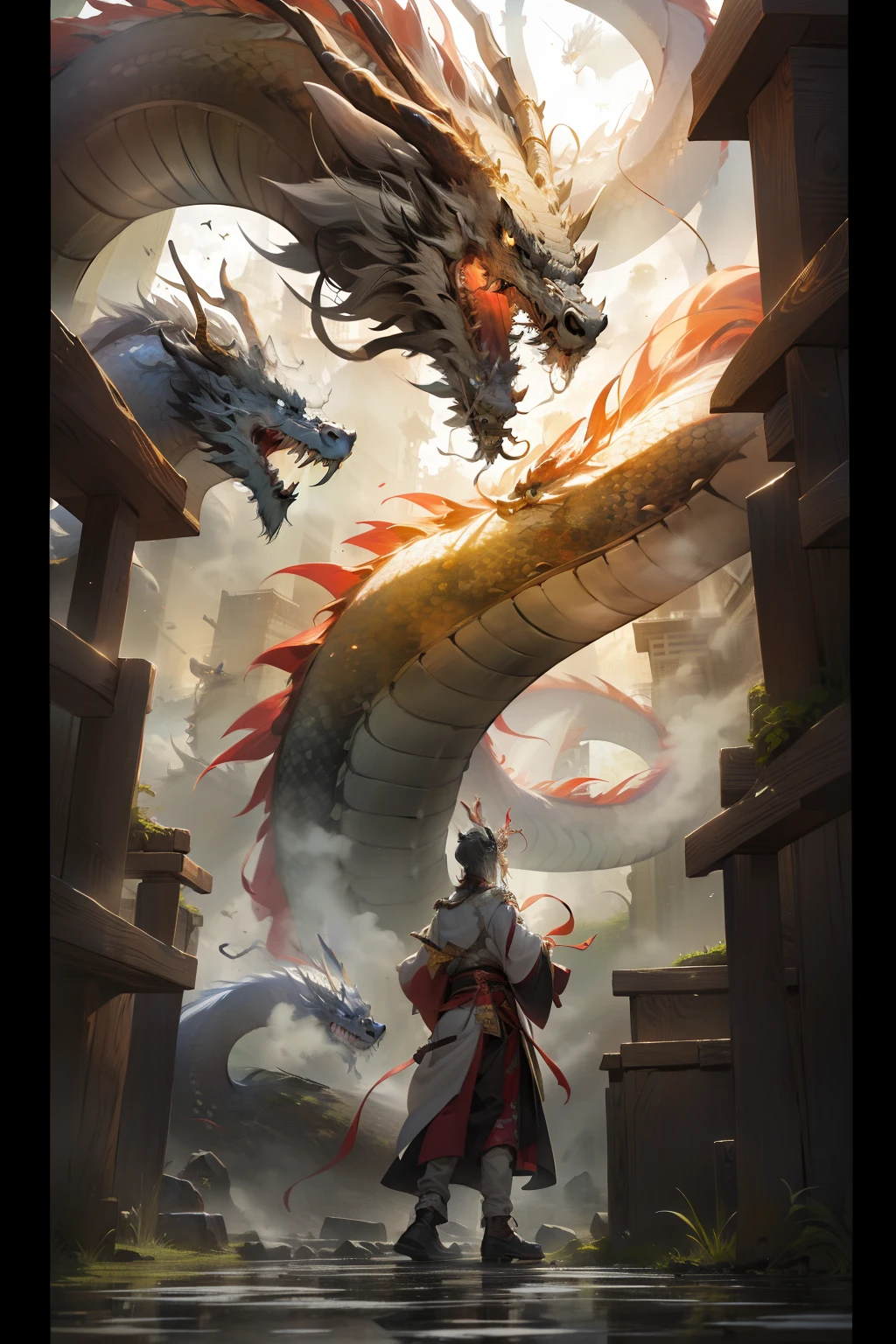 A white man has a Chinese dragon behind him，Holding a big sword