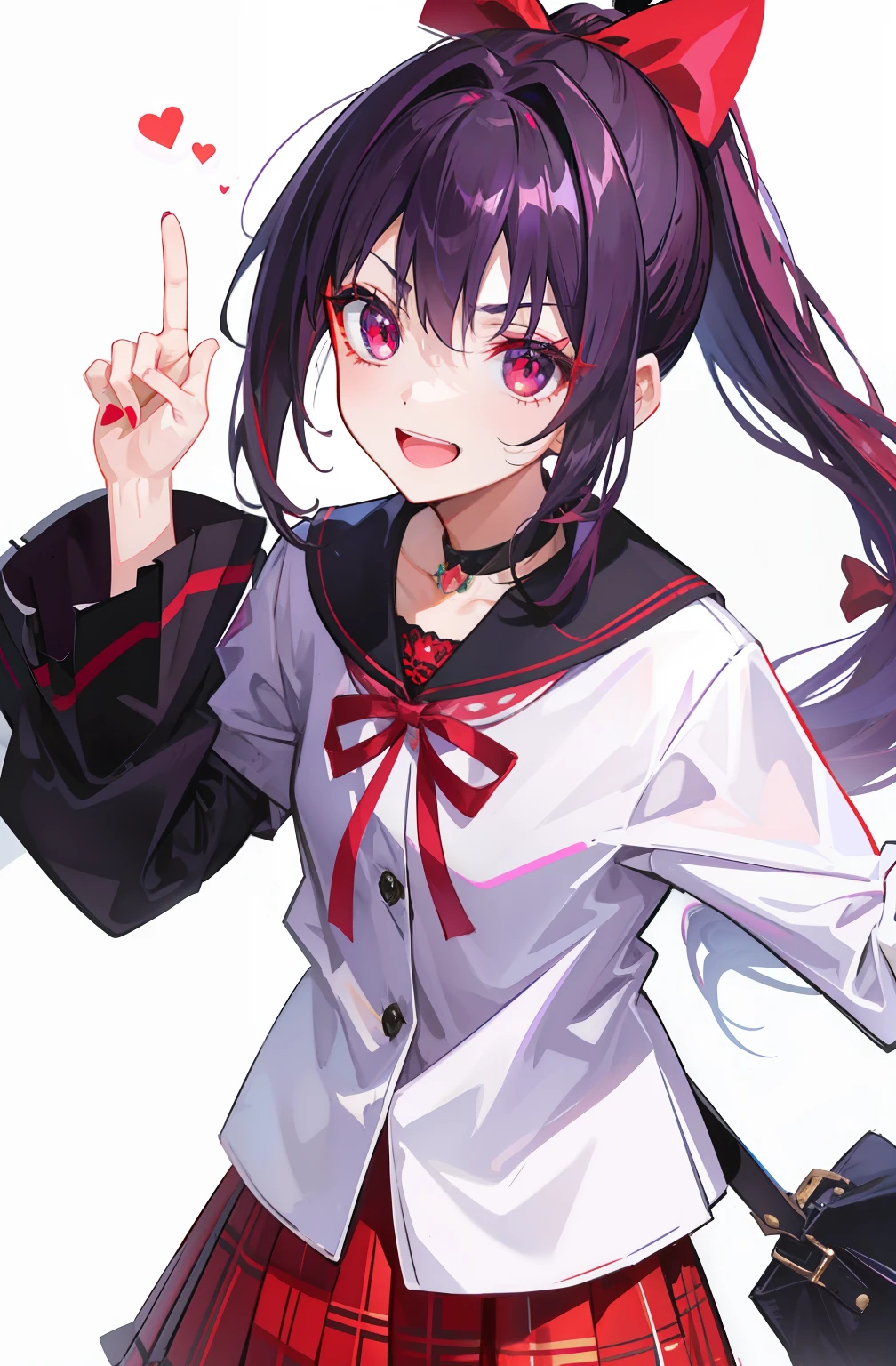 Dark purple single ponytail，Rose red eyes，Open your mouth and laugh，red bow