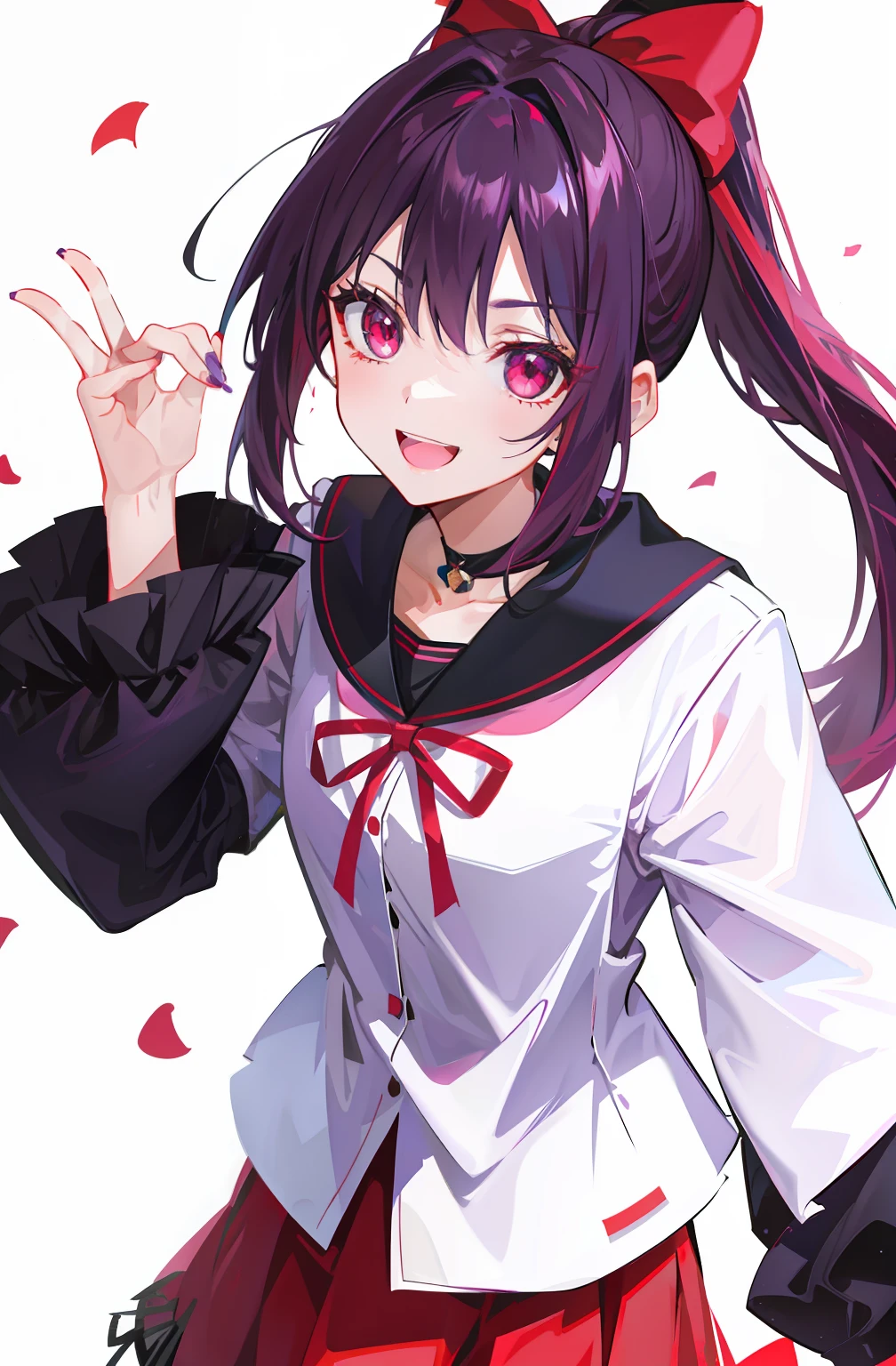 Dark purple single ponytail，Rose red eyes，Open your mouth and laugh，red bow