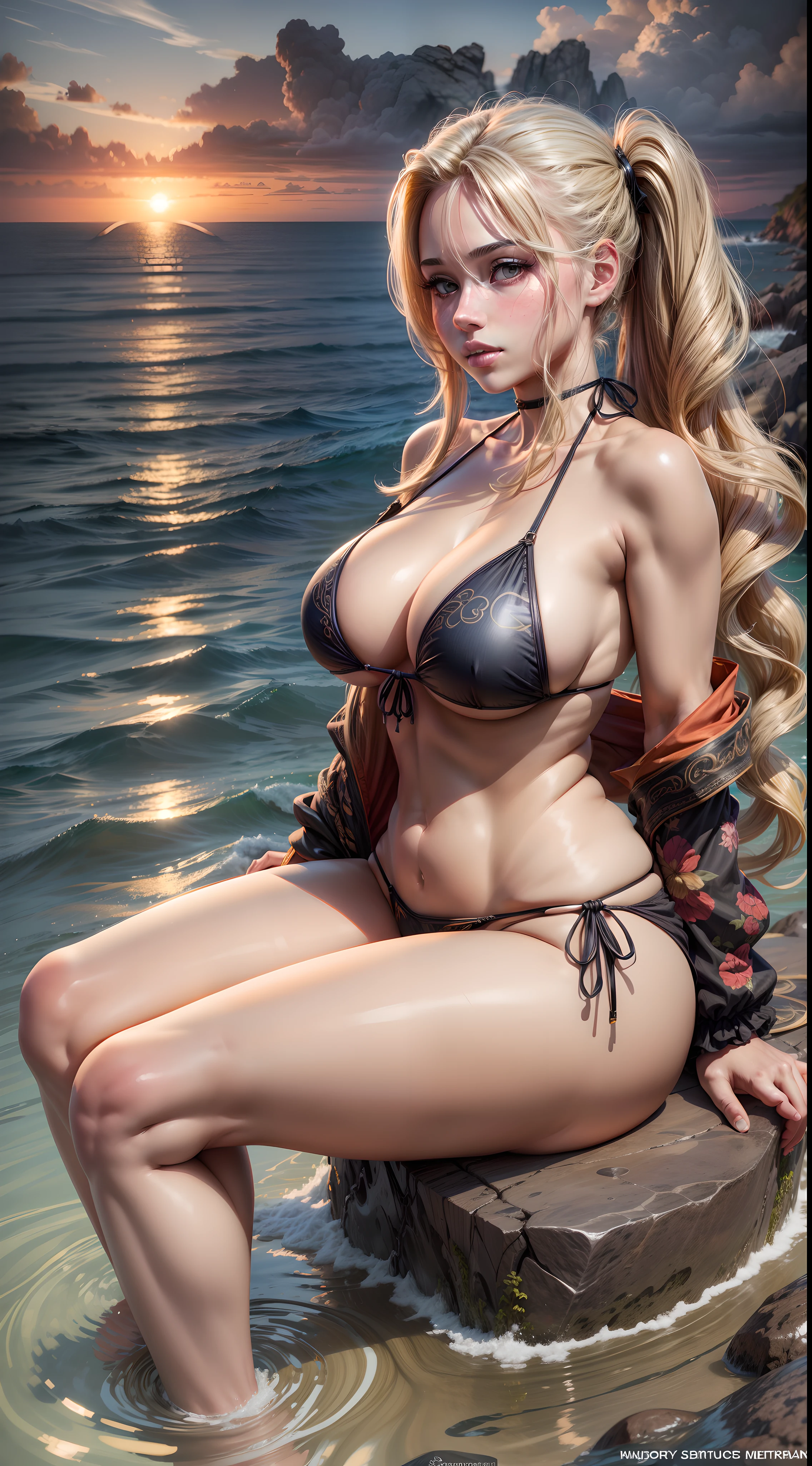 1 girl, beautiful, curvy body, detailed face, long blonde hair, side twintails, ((realistic:1.2)), bikini, sitting on the rock, sea, waves, sunset, intricate, ray tracing