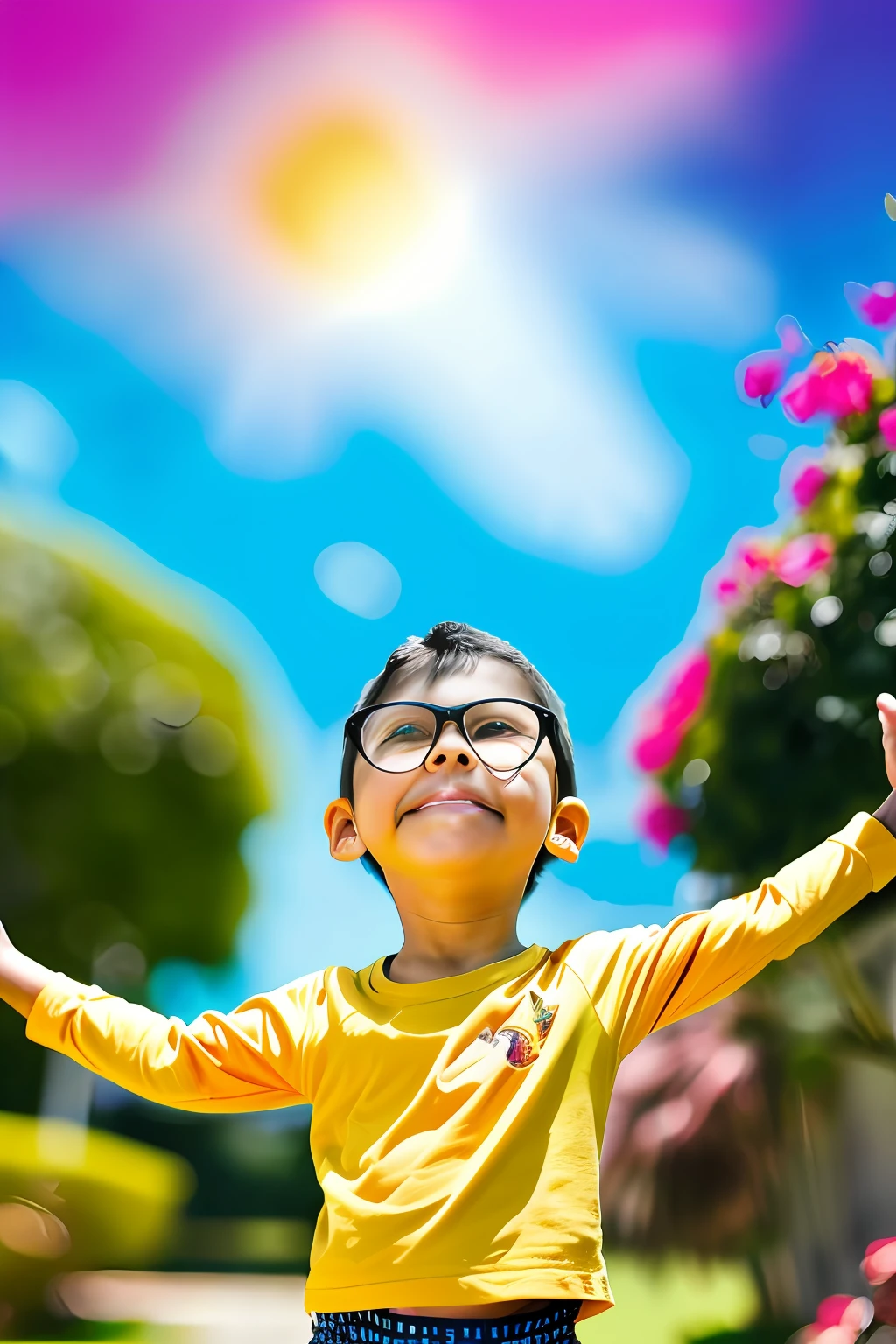 guttonerdjul23, A 3-year-old boy wearing glasses standing in a garden, Feliz, Feliz, qualidade perfeita, Foco claro (mess - house: 0.8), (obra-prima: 1.2) (realista: 1.2) (Bokeh) (melhor qualidade) (pele detalhada: 1.3) (detalhes intrincados) (8k) (Detalhe Olho) (foco nítido), (Feliz)