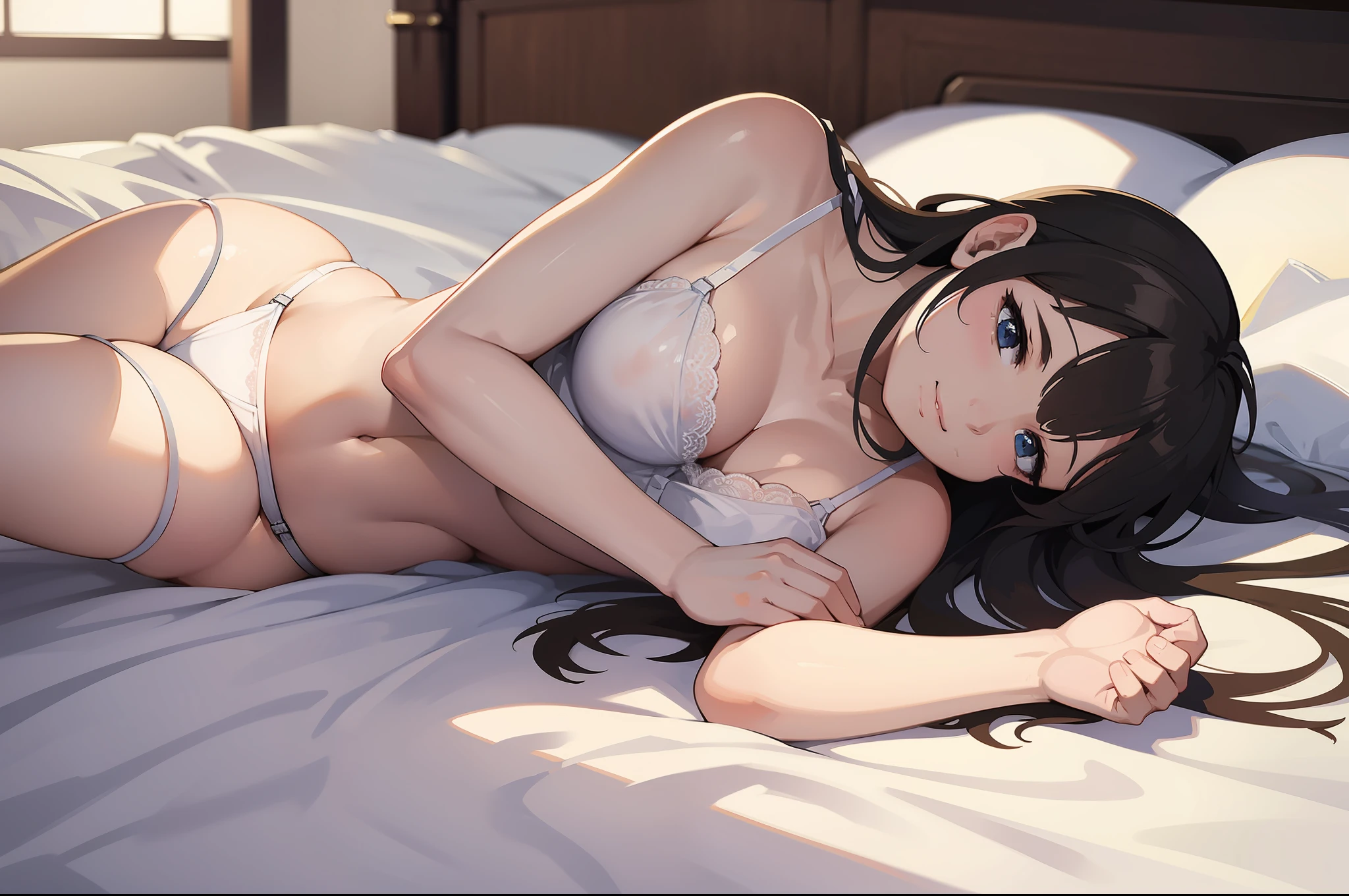 slight smile, on bed, laying on her side, looking into camera, (perfect body), ((masterpiece)), white lingerie, brunette