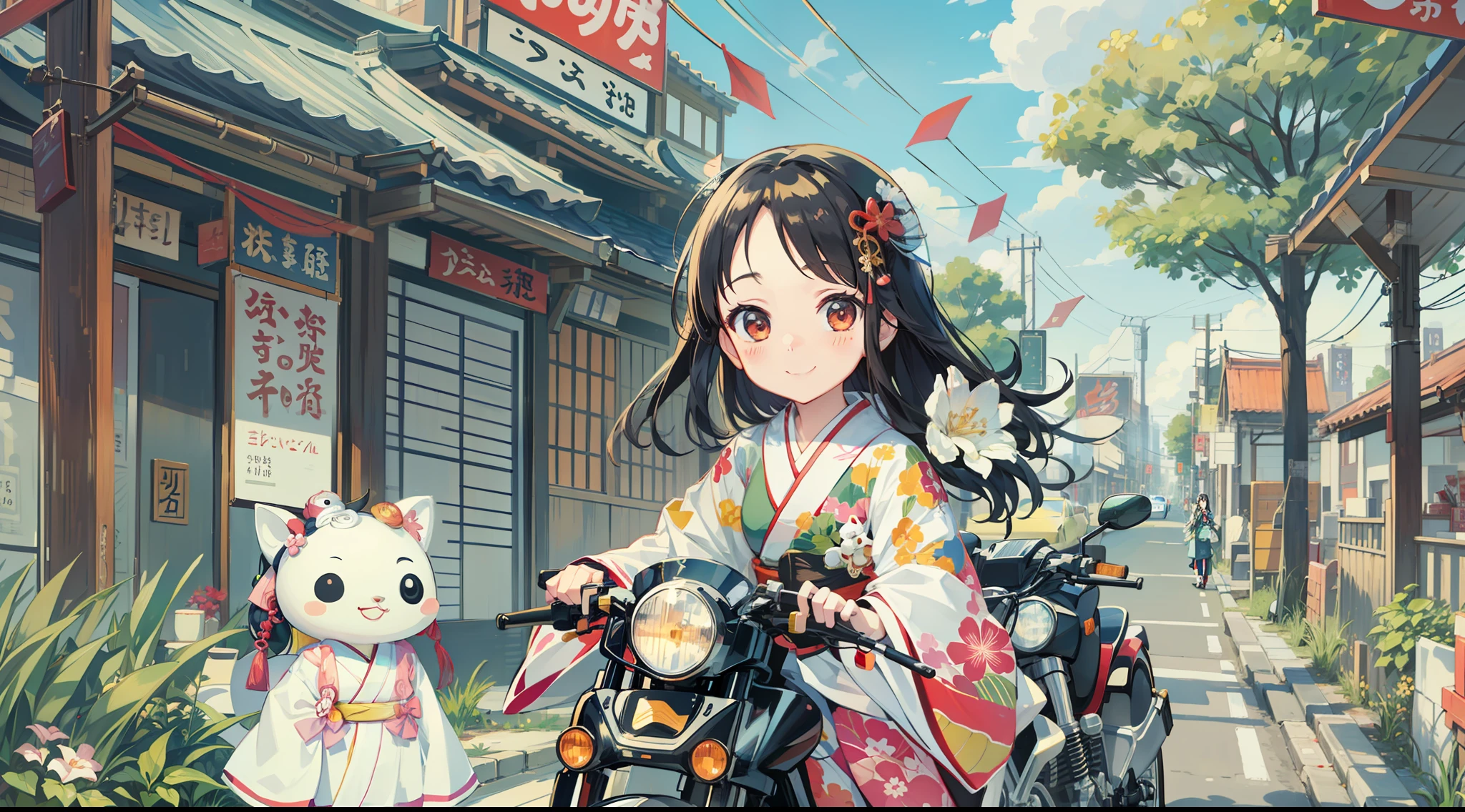Kaguya in kimono, smiling, cute, accessories, doll riding a motorcycle in the city in summer