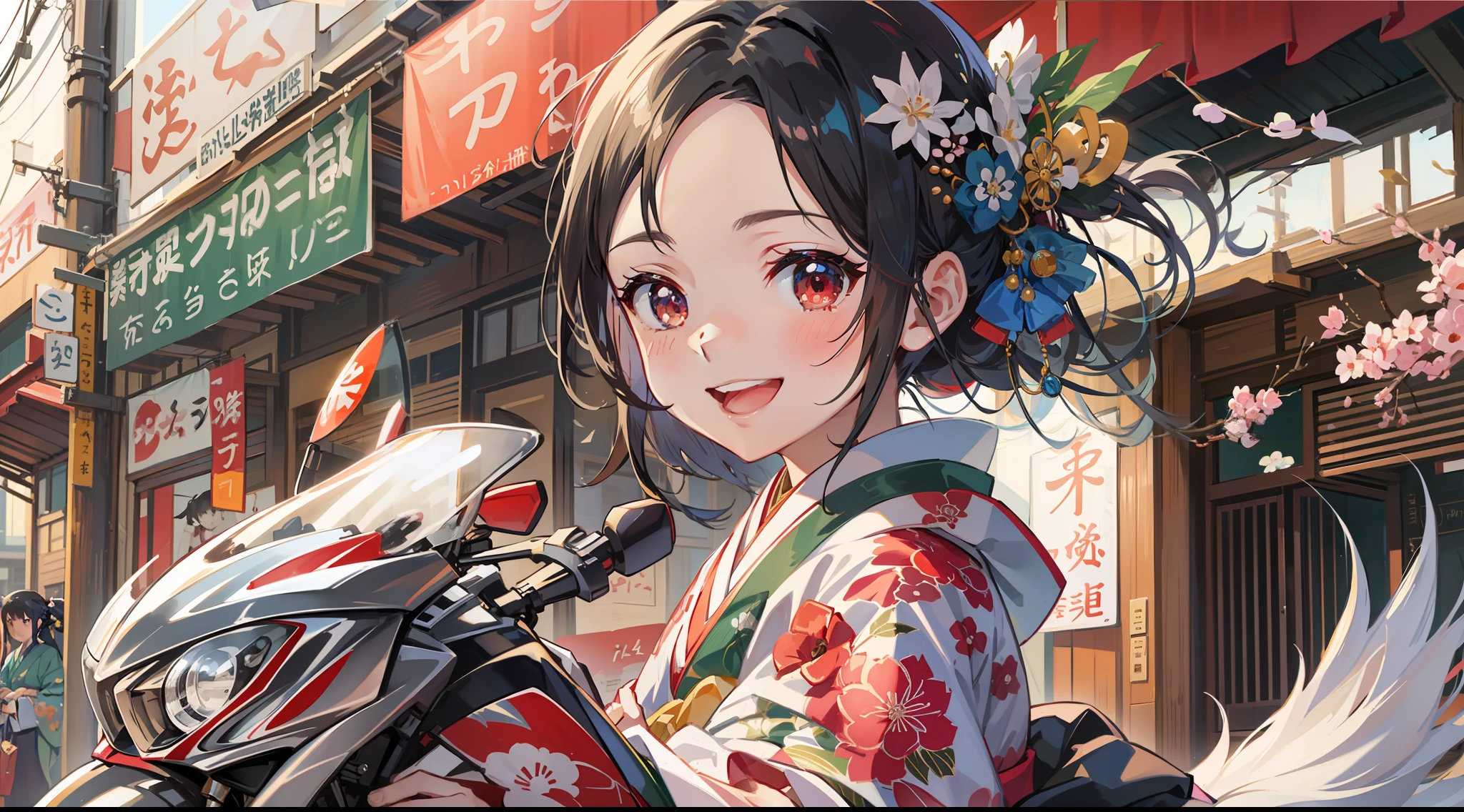 Kaguya in kimono, smiling, cute, accessories, doll riding a motorcycle in the city in summer