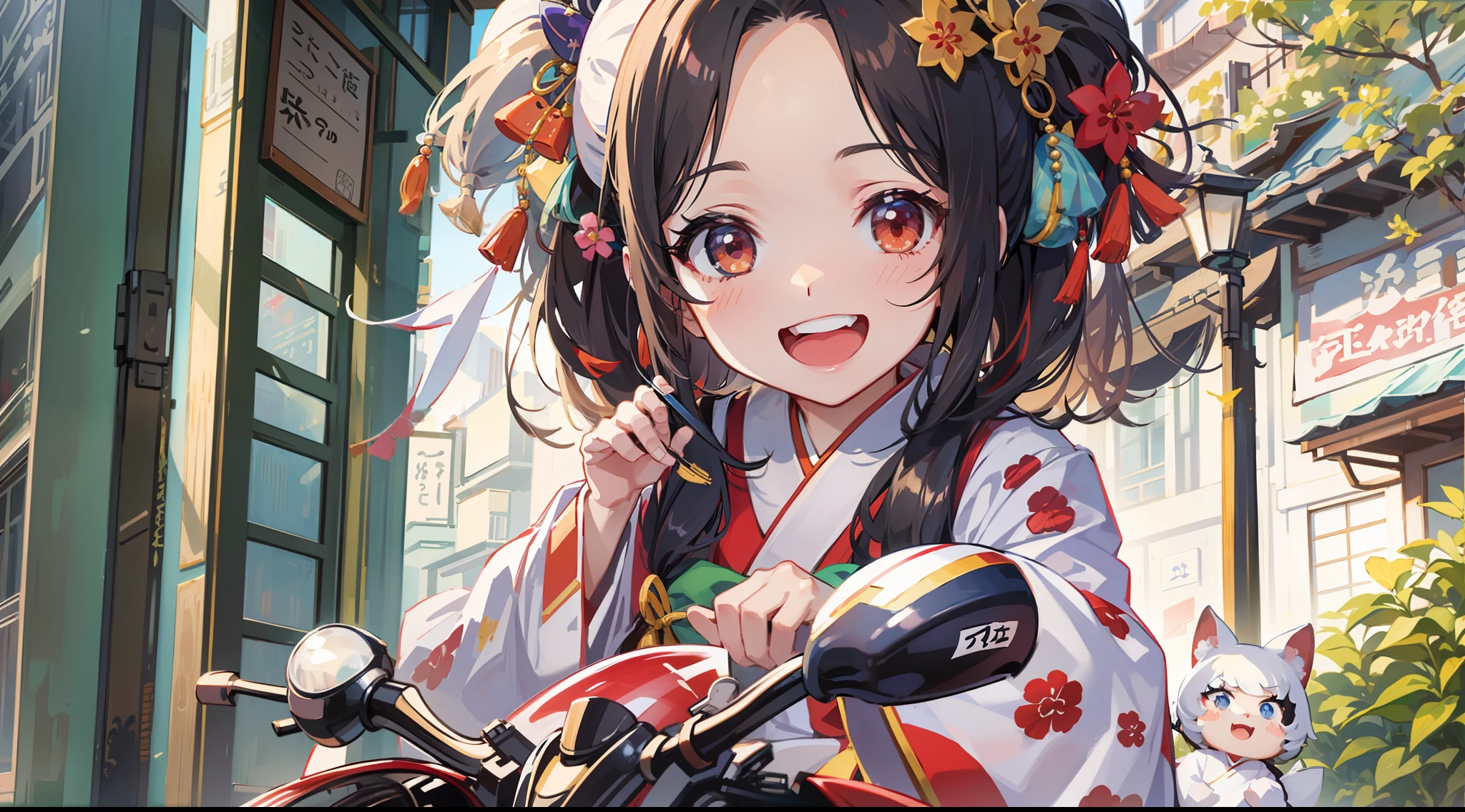 Kaguya in kimono, smiling, cute, accessories, doll riding a motorcycle in the city in summer