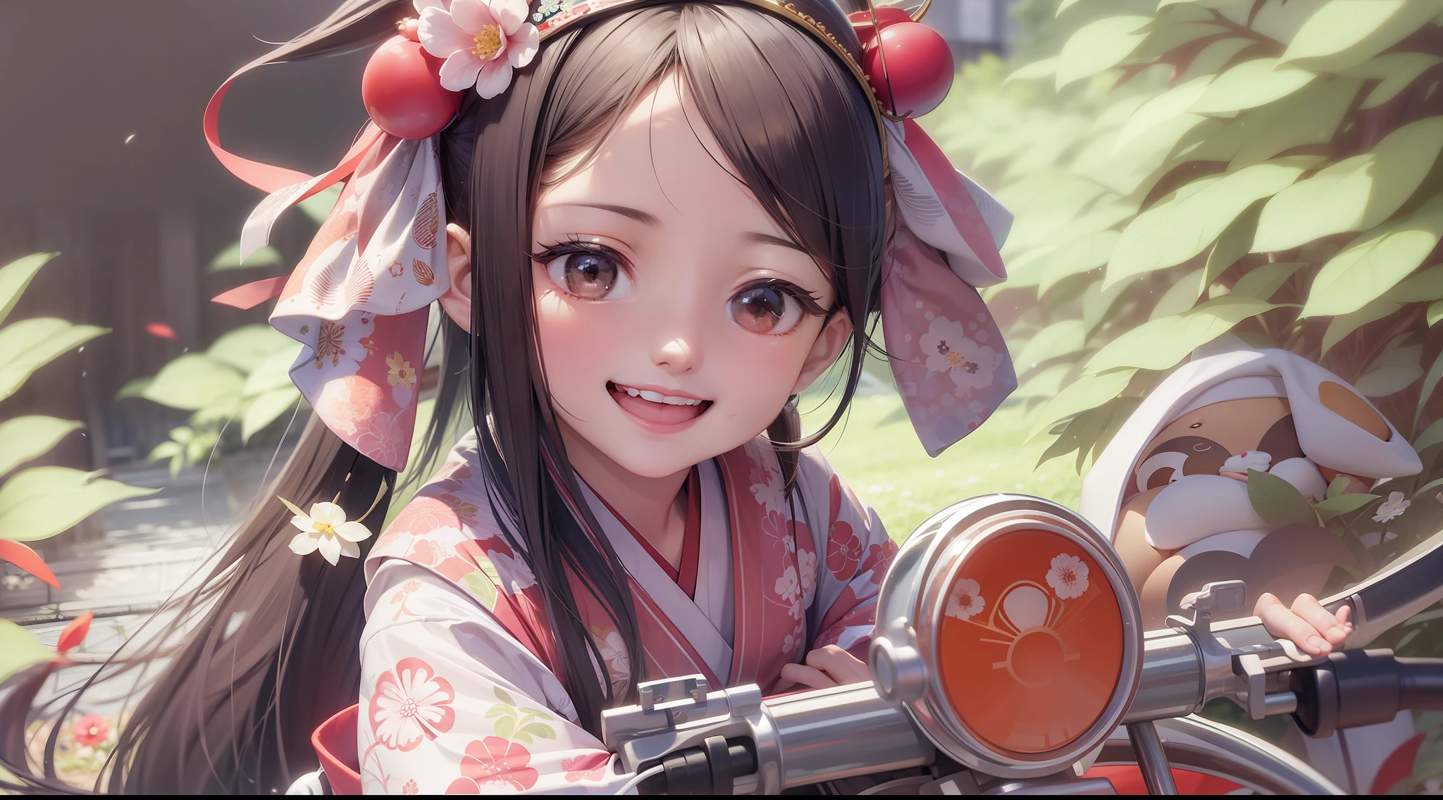 Kaguya in kimono, smiling, cute, accessories, doll riding a motorcycle in the city in summer