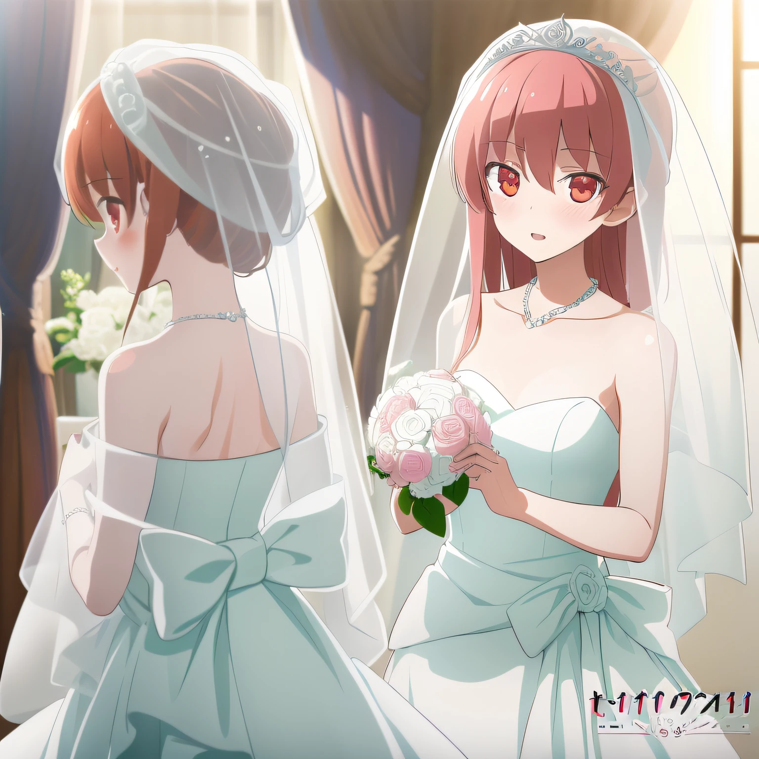 ((Masterpiece)), (((Best quality))), ((Ultra-detailed)), ((illustration)), ((Disheveled hair)), ((frilld)), (1 girl), (Solo),Blush, Bouquet, Bridal veil, 鎖骨 , dress, Female, Wedding dress, Vera, White dress, flor branca, White rose,