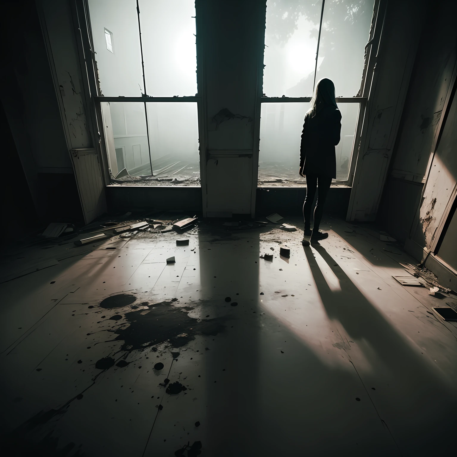 (Best Quality, Masterpiece), (Inside the Abandoned University), K Art of Horror, The room has large windows, High contrast cinematic lighting, Untamed Dead Silence, Dramatic Atmosphere, Night with a Full Moon, Person holding a flashlight.