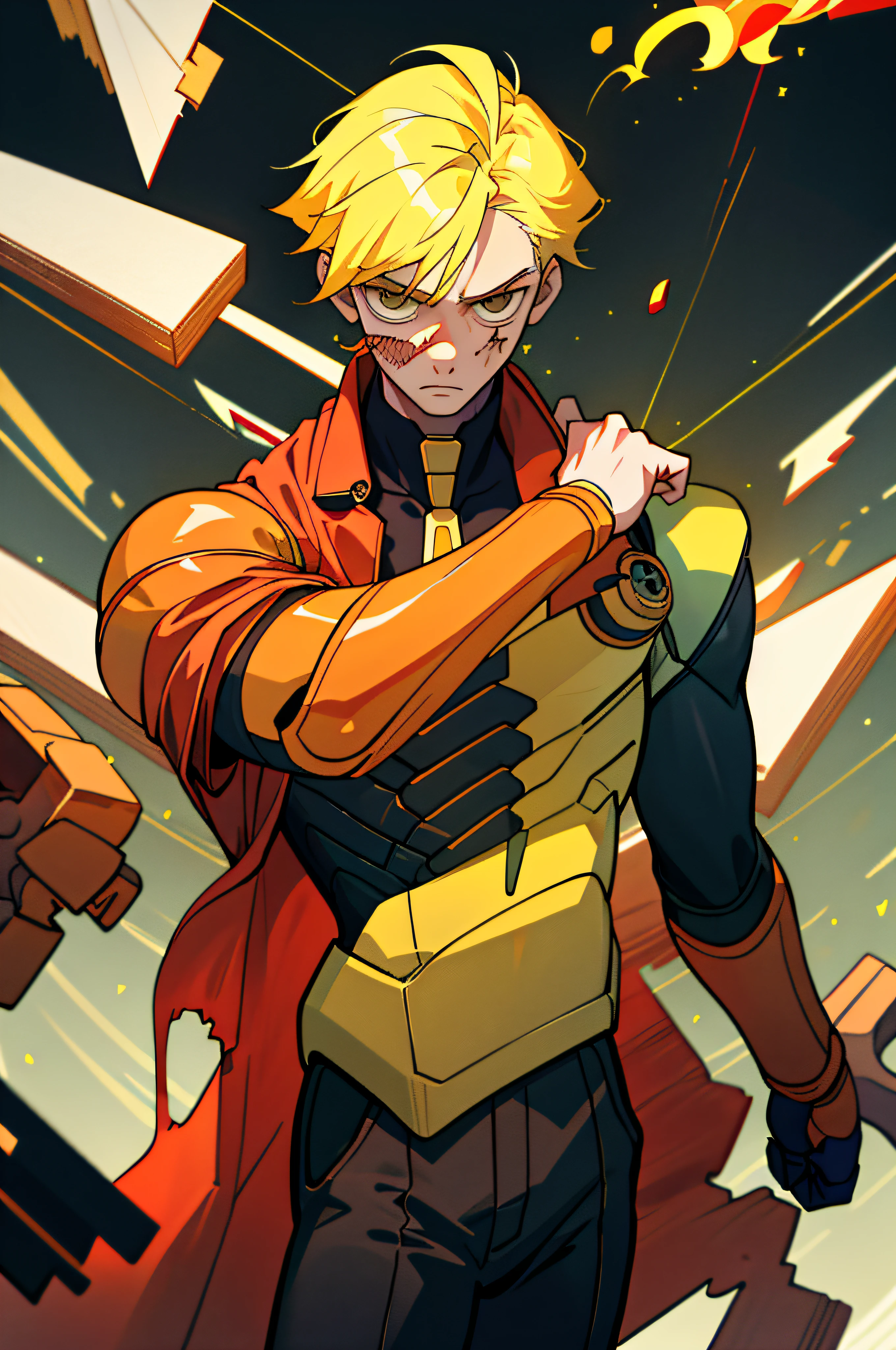 (Best quality, Masterpiece), 1boy, Upper body, Particle, Pose, injury, Blood, suit,Yellow hair