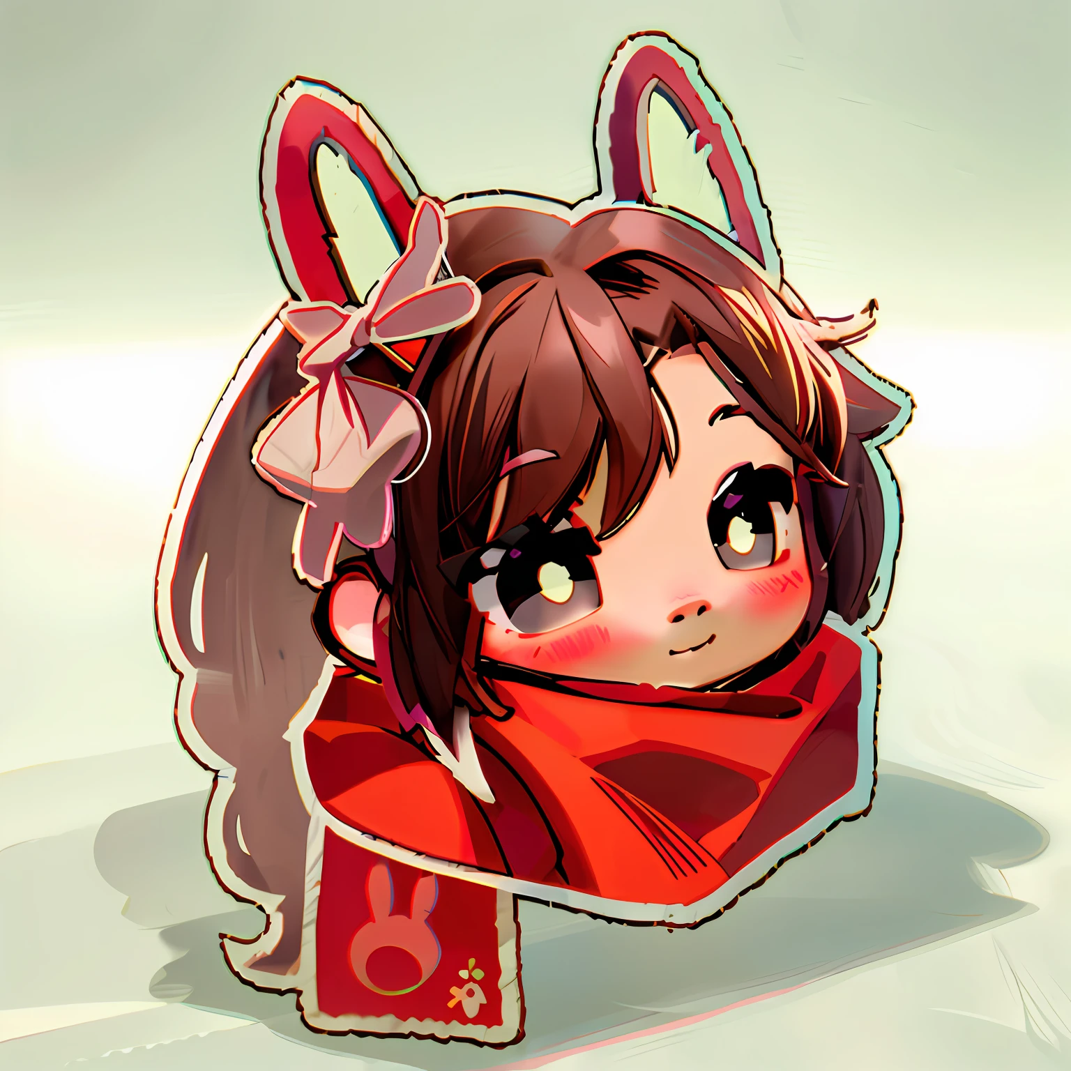 Cartoon girl with red scarf and bow on her head，Cute girl，Draw in 3D anime，Rich in light and shadow，detail-rich，The face is slightly sideways，shaggy，With rabbit ears on the head，A bow is tied to the rabbit ear