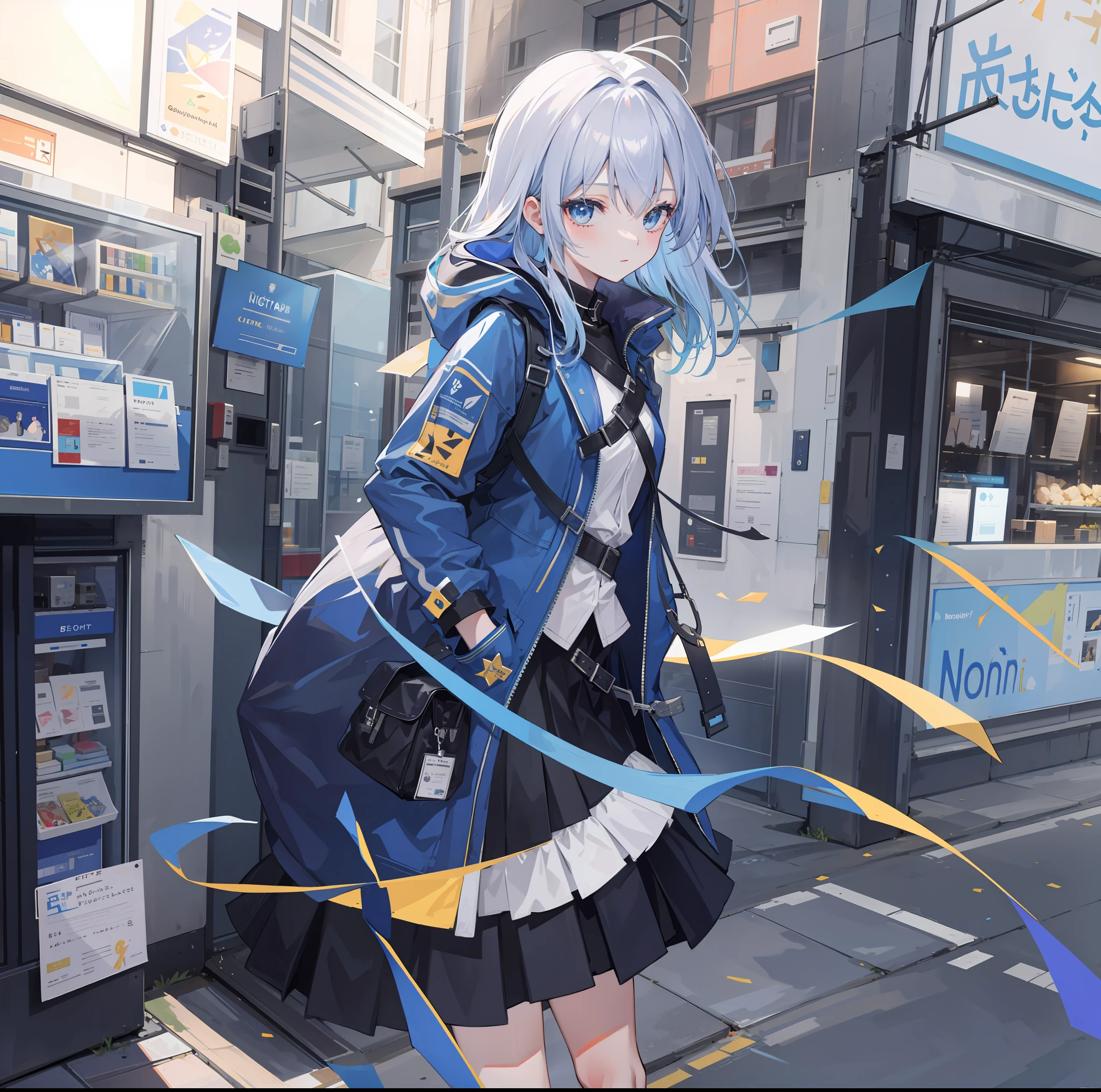 1girl,nightcity,Sateen,Blue coat,Put your hands in your pockets,quadratic element,a beauty girl