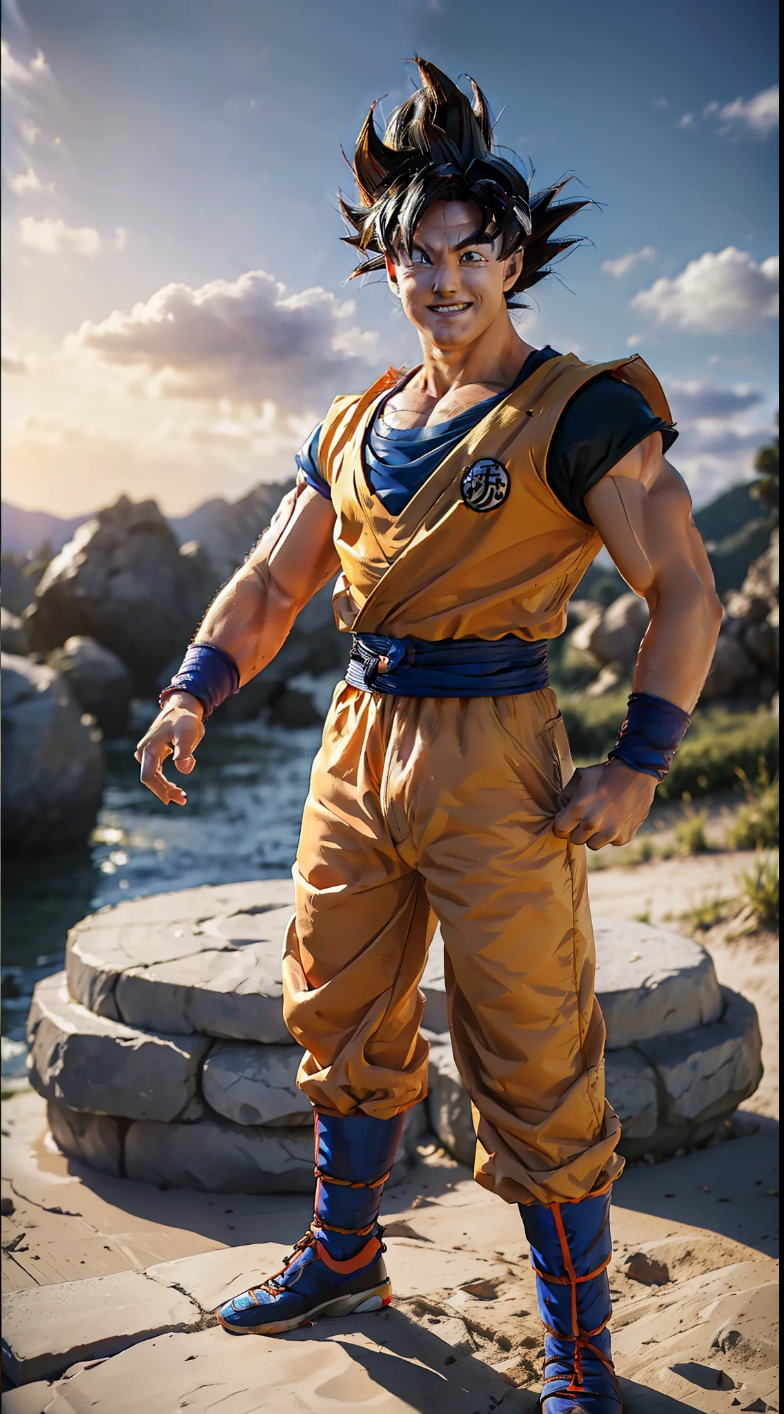 ((masterpiece:1.4, best quality)), ((masterpiece, best quality,8K)), (photo realistic:1.4), son_goku, male, man, (base_form), (dragon ball z, dragon ball super, goku) , (spike hair: 1.5, wristband), muscular man, pecs, (smile, Grin), (rock ground, cracked ground, earth), professional lighting, hysically-based rendering