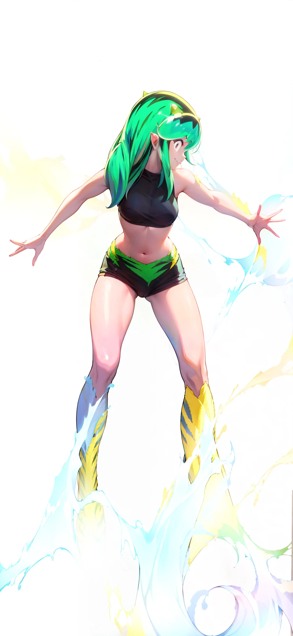 Tiger print boots、sport underwear、Woman with green hair and horns、dance、animesque、urusei yatsura、A smile、Background white
