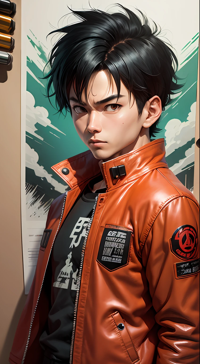 Akira character Kaneda consists of - Art - O - Katsuhiro Ôtomo, Red leather jacket, hand drawn, pencil ink,anime manga Art Style, Wild Spike Black Saiyan Hair, Akira Toriyama style, AKIRA concept art, inspired by Seki Toriyama, AKIRA style, HD artwork, character AKIRA