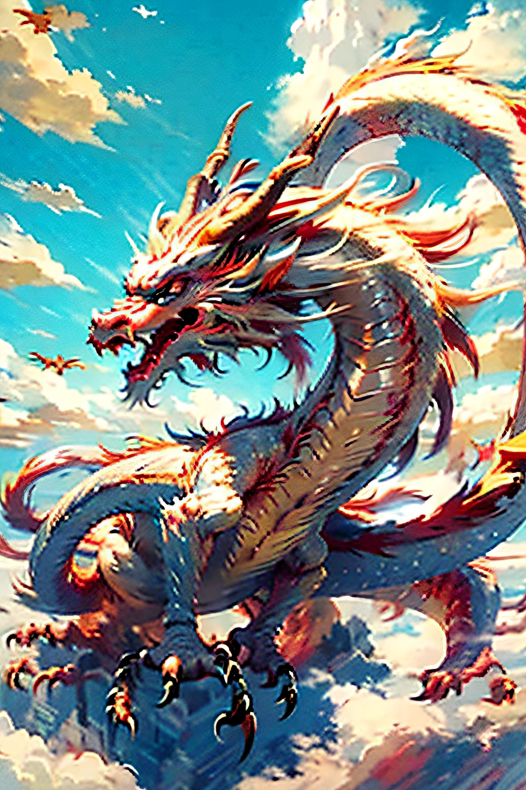 Best quality, masterpiece, ultra high res, naked non-humans, (long: 1.2), sky, red eyes, cloud, scales, dark oriental dragon, open mouth, sharp teeth, flying, horns, teeth, day, claws, fangs, blue sky