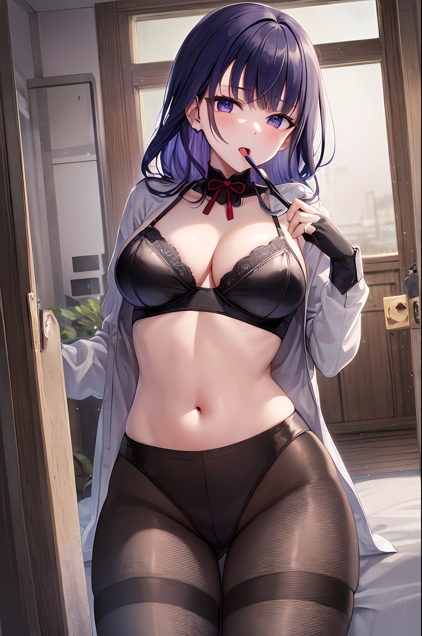 ((masterpiece, best quality)),8k,indoor ,1raiden shogun, mouth_hold,(white shirt:1.2) ,looking at viewer,slim waist,black bra, use pantyhose, open mouth, stick out her tongue out at viewers