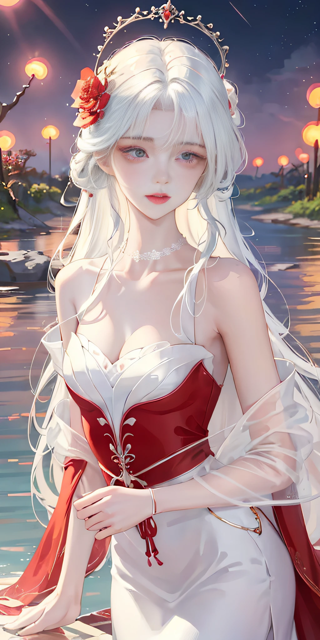 Close-up, looking at the camera, beautiful girl, garlic, flower, (beautiful girl), delicate facial features, detailed portrayal of the corners of the eyes, bust photo, moist lips, sad eyes, long white hair, smooth and delicate skin, ((red clothes)), red long skirt, bare thighs, brilliant and colorful, fantasy art, mysticism, dream scene, dream, dream light, seduction, psychedelic, misty halo, (((night))), ((night)), river bank, full of flowers on the other side, dreamy, flying red tiny petals, Red fluorescent petals, fluorescent flowers, fluorescent flowing water, standing in water, shallow water, master works, extreme detail, dissection correctly, correct limbs, accurate, hud, HD, exquisite details, 8K, red light