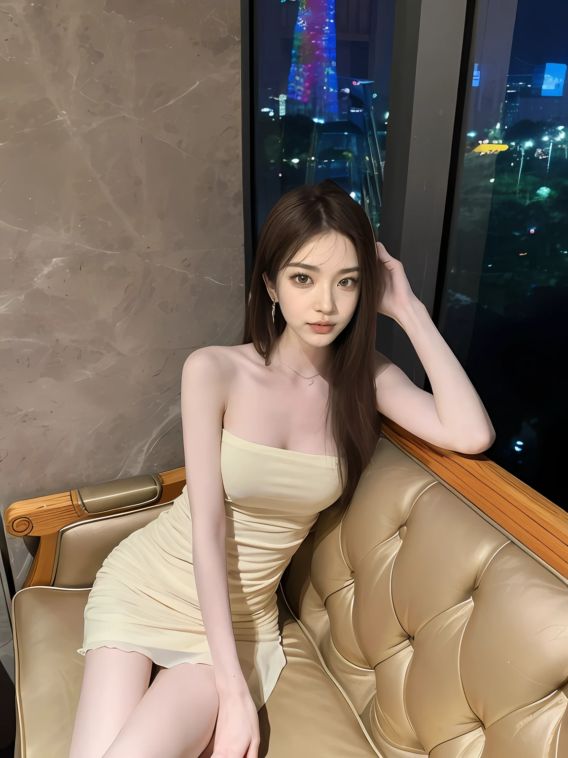 Araki woman in a short skirt sits on the sofa in the room, Bandeau dress, Sexy dress, photo of slim girl model, photo of slim girl, smooth white tight clothes suit, Tight dress, Gorgeous young Korean woman, Beautiful Asian girl, gorgeous chinese models, Sexy girl, 2 4 year old female model, Beautiful young Korean woman