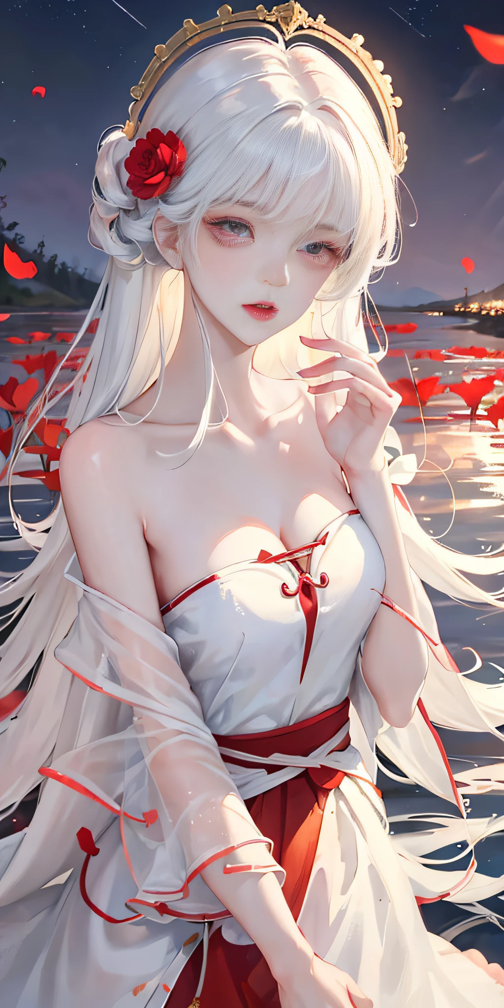 Close-up, looking at the camera, beautiful girl, garlic, flower, (beautiful girl), delicate facial features, detailed portrayal of the corners of the eyes, bust photo, moist lips, sad eyes, long white hair, smooth and delicate skin, ((red clothes)), red long skirt, bare thighs, brilliant and colorful, fantasy art, mysticism, dream scene, dream, dream light, seduction, psychedelic, misty halo, (((night))), ((night)), river bank, full of flowers on the other side, dreamy, flying red tiny petals, Red fluorescent petals, fluorescent flowers, fluorescent flowing water, standing in water, shallow water, master works, extreme detail, dissection correctly, correct limbs, accurate, hud, HD, exquisite details, 8K, red light