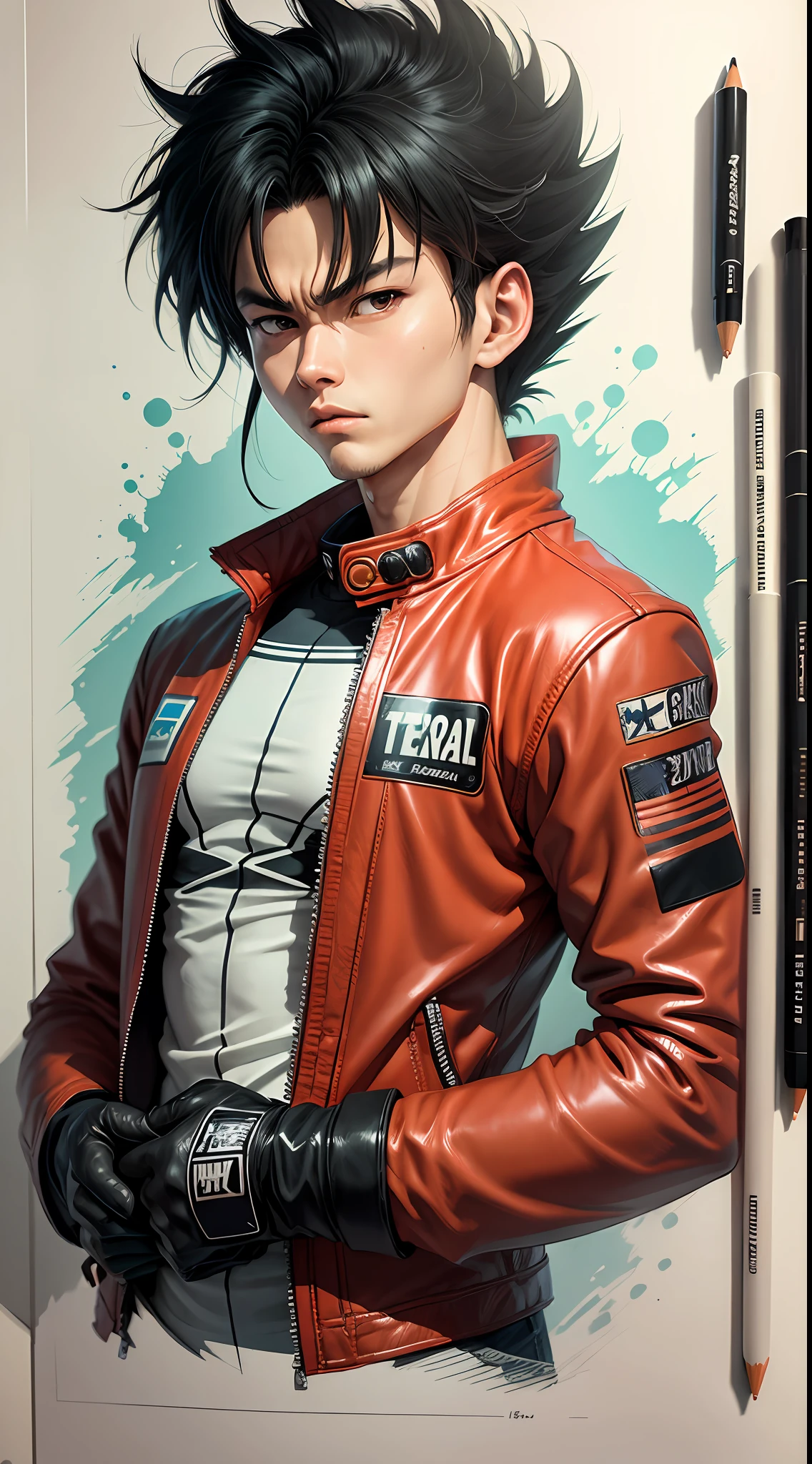 Akira character Kaneda consists of - Art - O - Katsuhiro Ôtomo, Red leather jacket, red racing suit, MOTO GP suit, hand drawn, pencil ink on sketch book, color pencils and markers on table,anime manga Art Style, Wild Spike Black Saiyan Hair, Akira Toriyama style, AKIRA concept art, inspired by Seki Toriyama, AKIRA style, HD artwork, character AKIRA