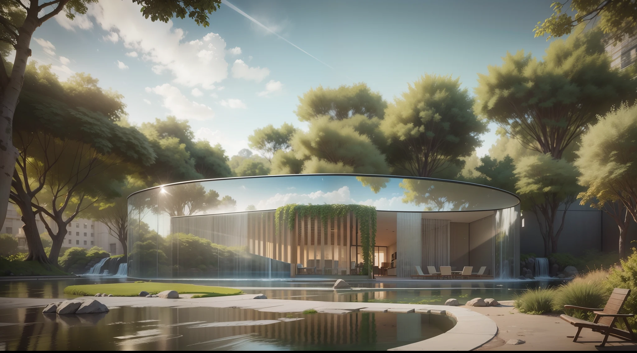 There is a small waterfall in the middle of a park with a building in the background, Arquitetura moderna, arquitectura Norman Foster, mirrored building, museum building, Arquitetura moderna,  arquitetura premiada, Luz vibrante, high-quality render, architectural render, professional render, a photorealistic rendering, architectural visualisation, oi ultra, natural realistic render, hyper - realistic render, hyperrealistic rendering, beautifully detailed render, hiper realismo, 16k, Ultra HD | | | | | | |, muita luz, muito brilho,