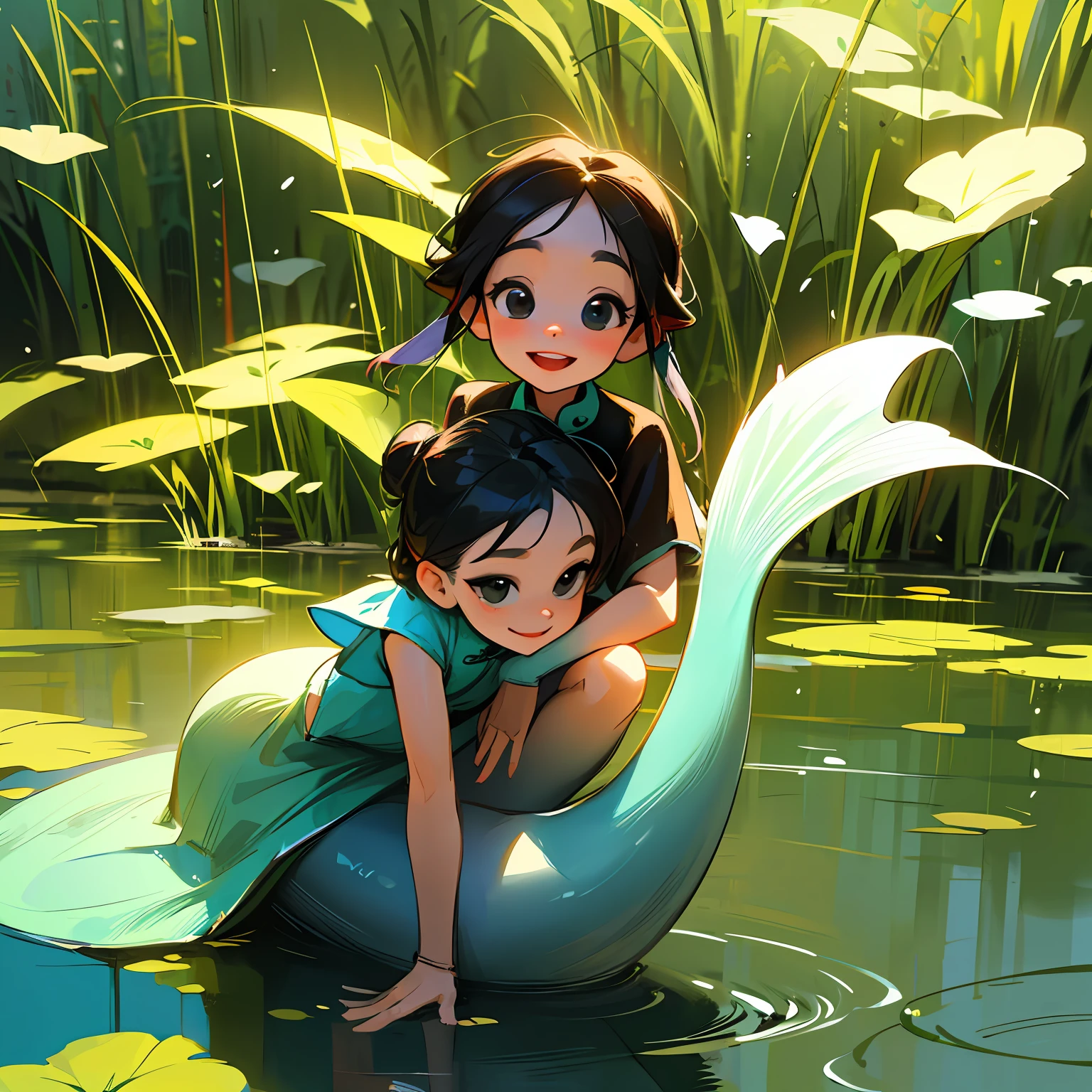 tmasterpiece，High picture quality，mermaids，Black hair and black eyes，OilPaintStyle，Cartoon Q version，Green background，and the sun was shining brightly，Chinese children's clothing，squatting pose，Rice planting site，Light and delicate raindrops，Happy expression。