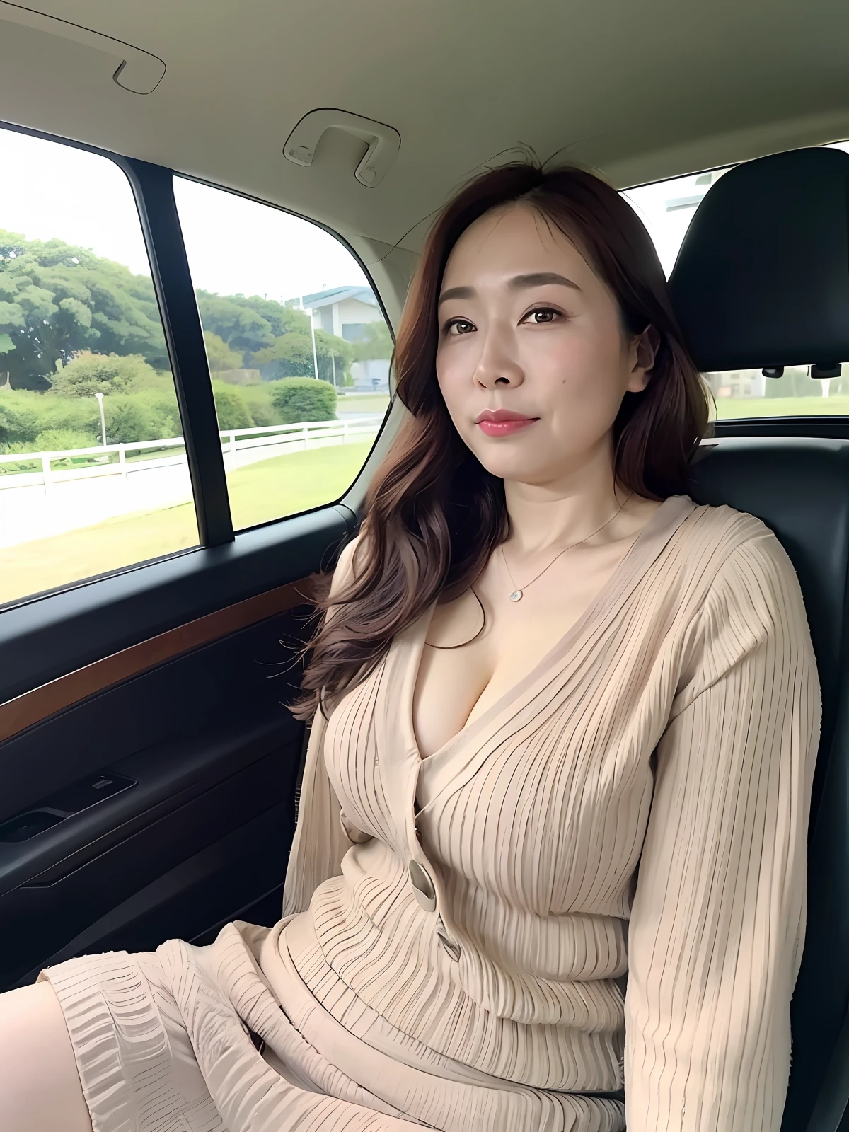 ((top-quality、8K、​masterpiece:1.3))、foco nítido, high-level image quality, hight resolution, Portrait, Solo, japanes, Middle-aged woman, Beautie, 48yo, Plump, Wavy Hair, Clothes with a view of cleavage, pantiy, Wrinkles at the corners of the eyes, Bewitching look, Car passenger seat, Kamimei, Fat meat, spreading legs、Pulling up a skirt、