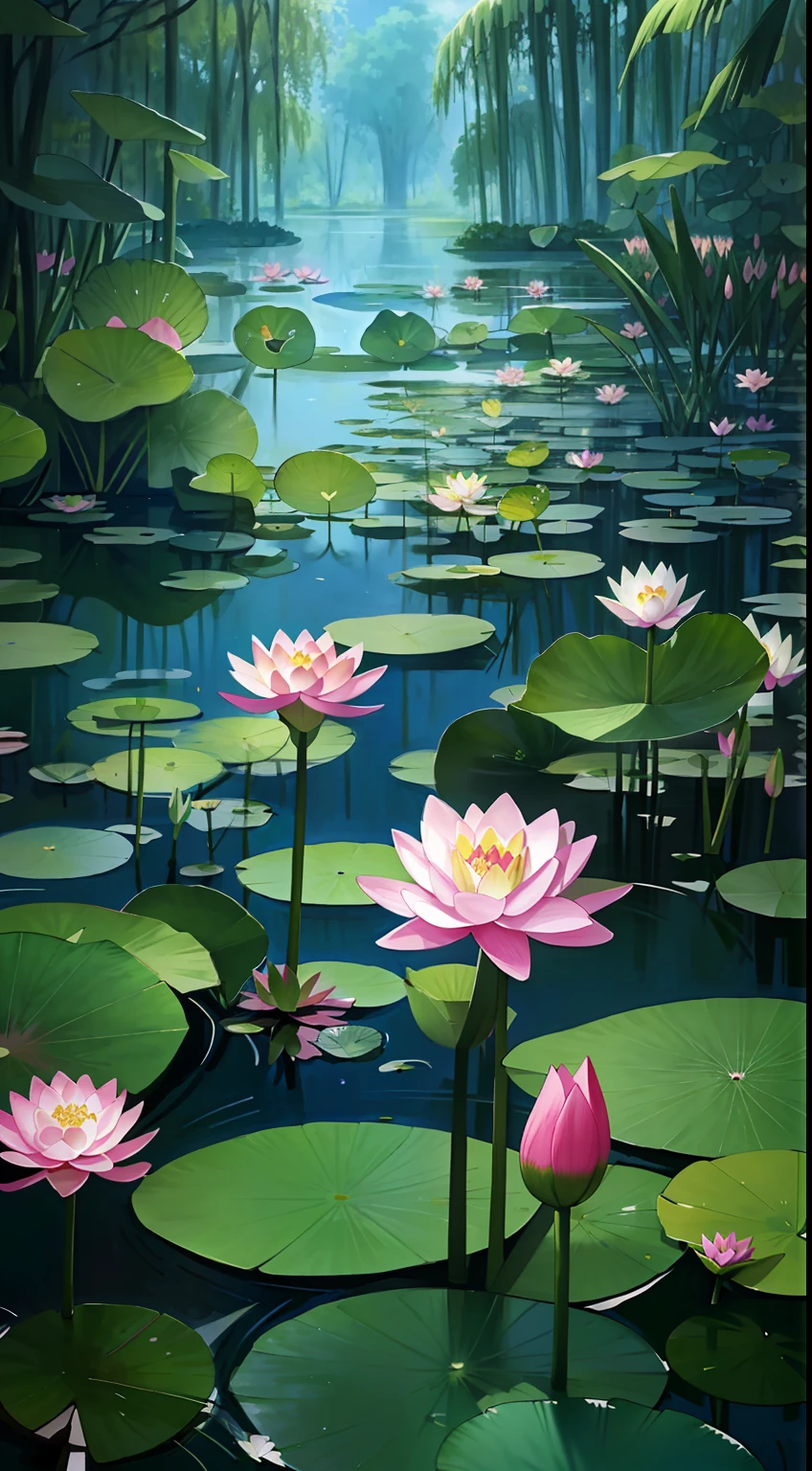 Swamp painted with pink water lilies and trees, Lotus pond, background artwork, lotuses, arte de fundo, waterlily pond, anime nature wallpap, floral environment, lotus flowers on the water, anime beautiful peace scene, lotuses, water lilies, Lotus, Anime Nature, water lily mat, Beautiful wallpaper, waterlily mecha nymphaea
