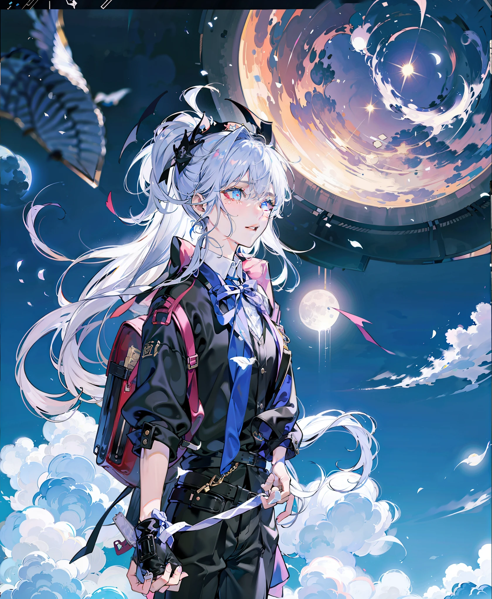 Libido boy,Solo,pupils,streaming tears,wearing school bag,White color blouse,Black shorts,blue hairs,full moon,starryskybackground