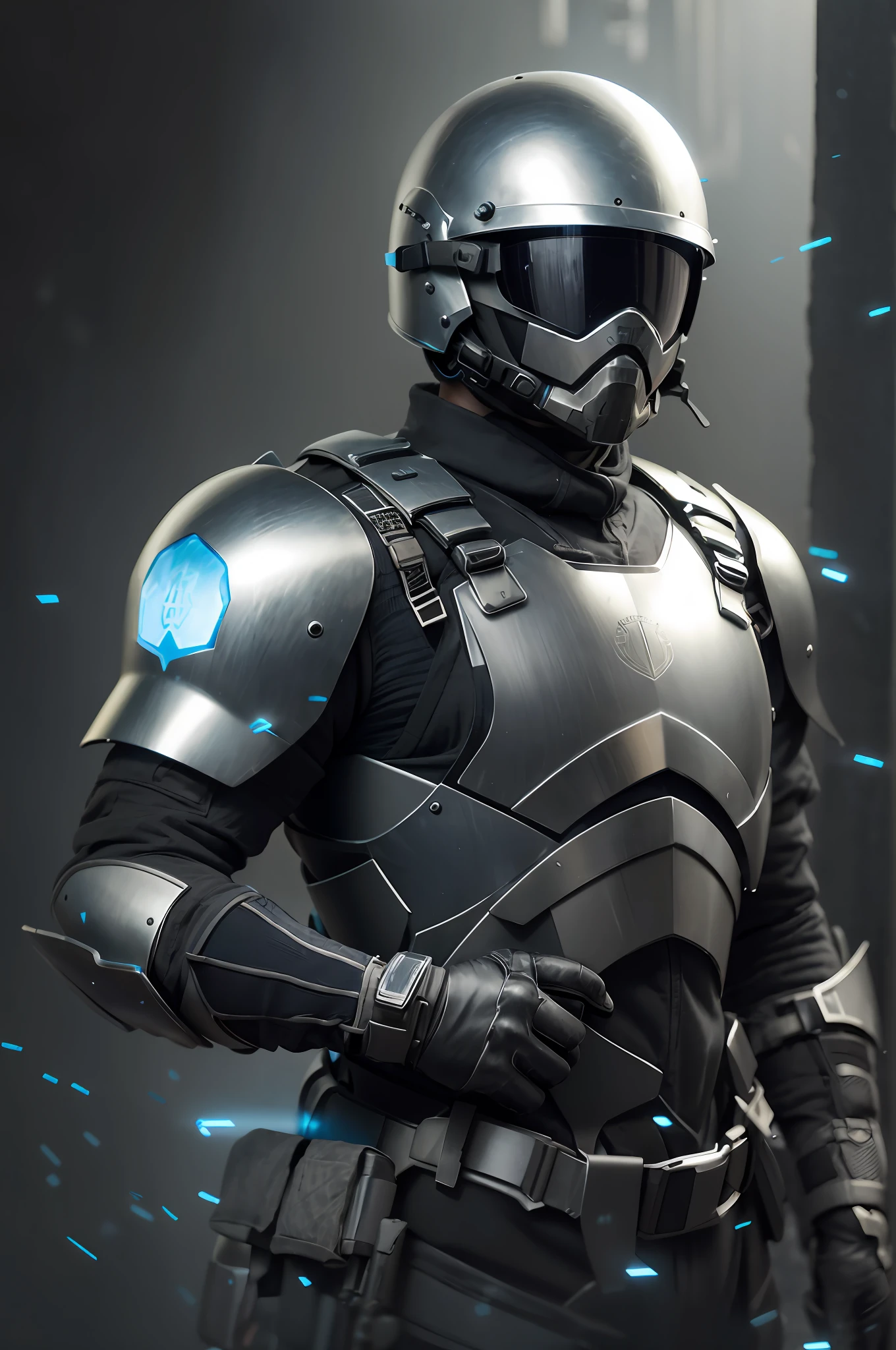 Futuristic armor, Closed helmet, ember, gray in color, Closed armor, The face is not visible, infantryman, Spetnaz, Blue Wieser, Chain mail
