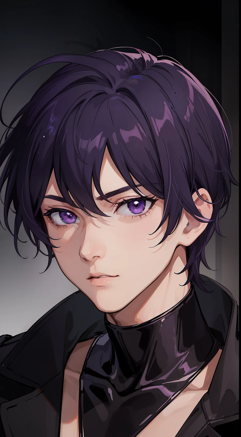 (1boy), At least it's over 20 years old, Have a handsome face, Purple Eyes, Dark purple hair, Unique hair style, Scary looking man, (Riding a purple horse), high quality, best quality, HD, 16k, UHD, (Masterpiece)