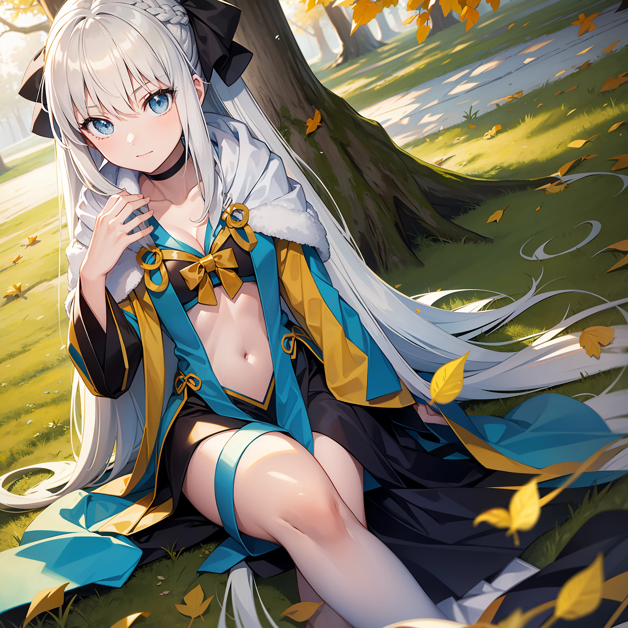 A girl with long white hair sits under a tree with fallen yellow leaves