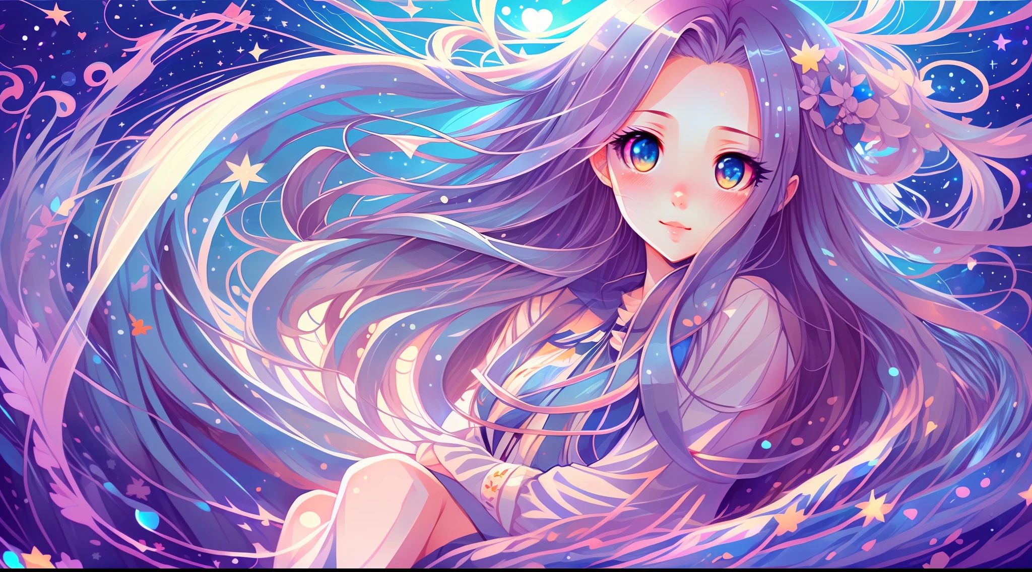 Anime chick with long hair and blue eyes in waves, anime girl with cosmic hair, Digital art on Pixiv, A beautiful artwork illustration, Cute detailed digital art, Beautiful anime artwork, Anime fantasy illustration, Detailed digital anime art, Soft anime illustration, pixiv contest winner, Loish et WLOP, Beautiful anime art, beautiful anime art style