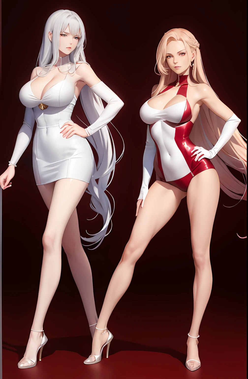 Master anime works，An impeccable masterpiece，8K picture quality: A mature noblewoman in cool sexy clothes standing on solid red background，Female boss，Flowing silver hair，Full-body standing，Slender legs，Straight breasts，Detailed facial details，Naturally beautiful standing，Vivid and authentic body details