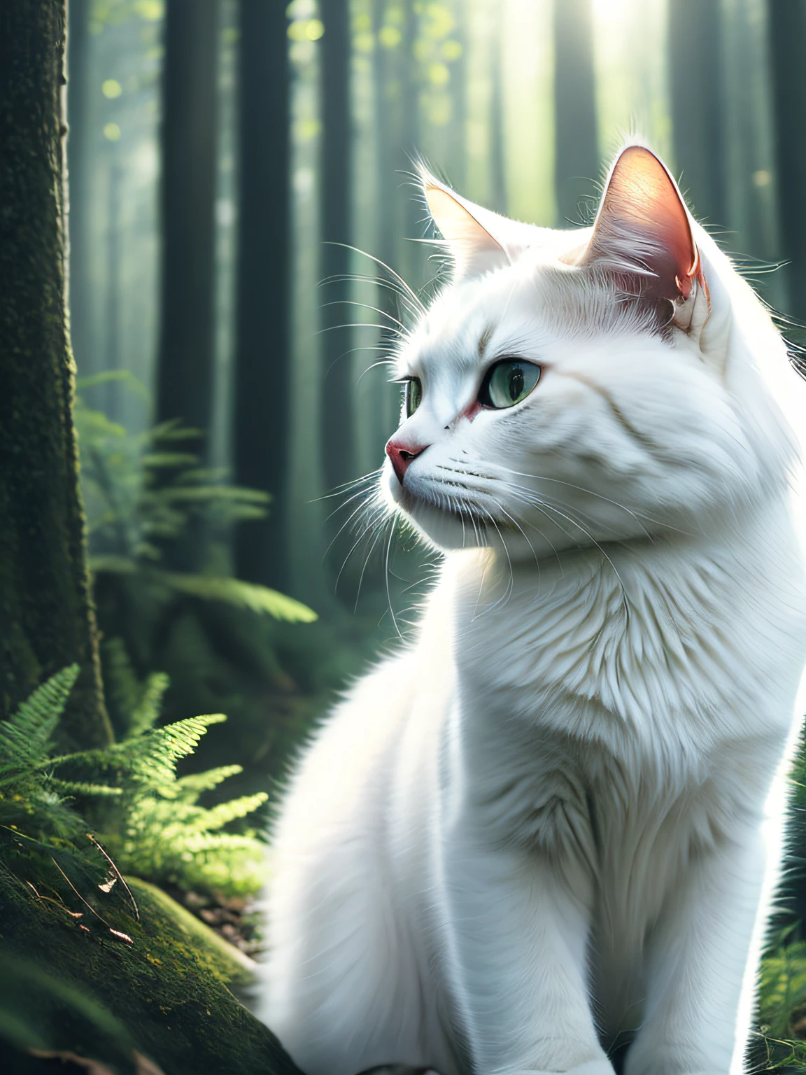 Close-up photo of a very cute white cat in the forest，Long hairs，The neck hair is very long，foolish，Big belly，Thin face，grey ears，Soft volumetric light，（The light from the back window is backlighted：1.3），（cinematic ligh：1.2），Complicated details，（ArtStation：1.3），Rutkowski