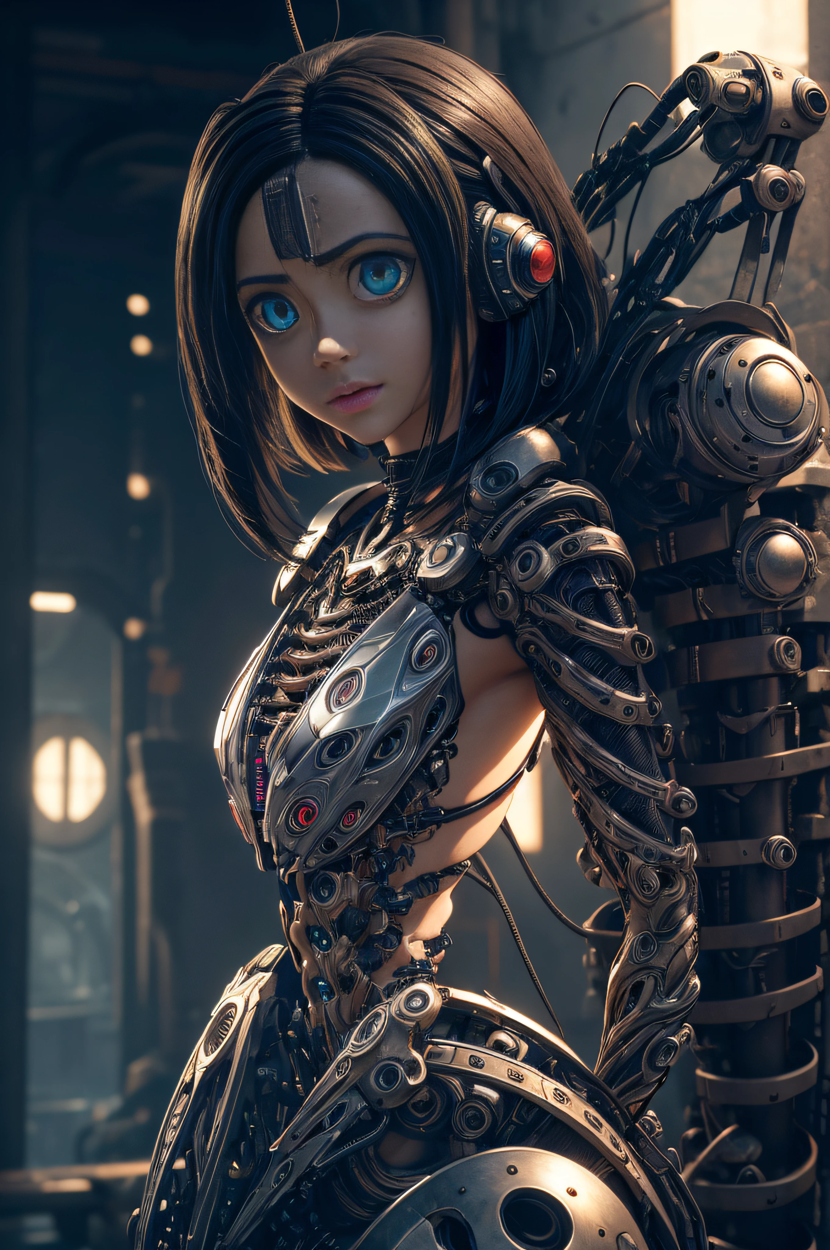 (((Alita))), 1mechanical girl,((ultra realistic details)), portrait, global illumination, shadows, octane render, 8k, ultra sharp,metal,intricate, ornaments detailed, cold colors, egypician detail, highly intricate details, realistic light, trending on cgsociety, glowing eyes, facing camera, neon details, machanical limbs,blood vessels connected to tubes,mechanical vertebra attaching to back,mechanical cervial attaching to neck,sitting,wires and cables connecting to head