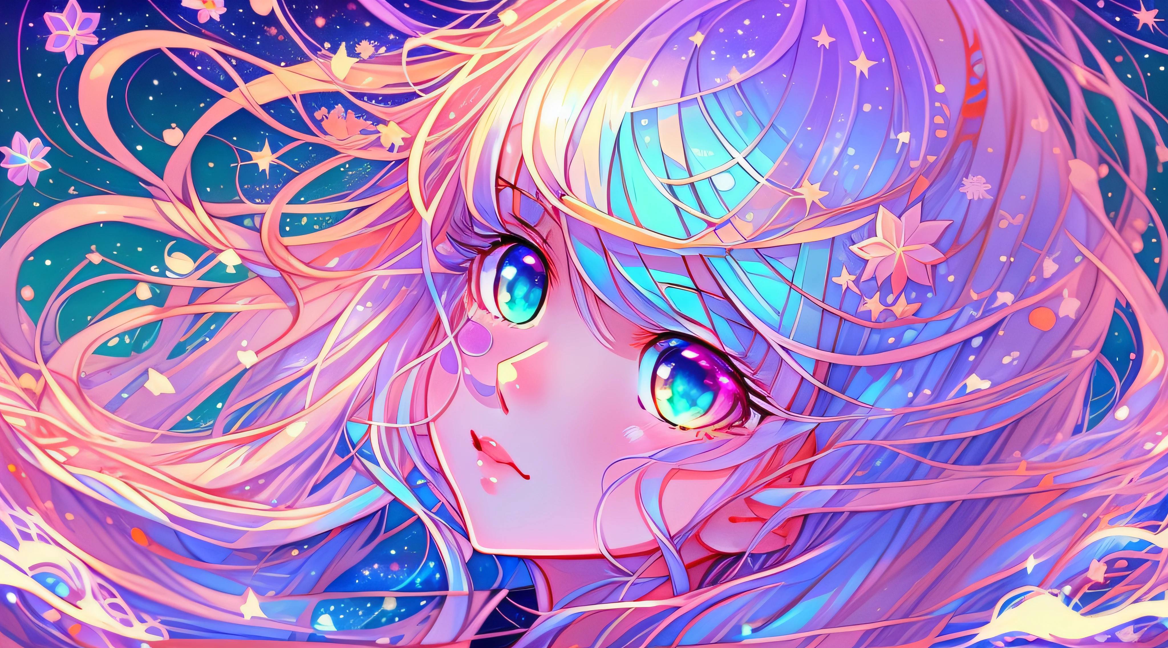 Anime girl with long hair and blue eyes in waves, anime girl with cosmic hair, Digital art on Pixiv, A beautiful artwork illustration, Cute detailed digital art, Beautiful anime artwork, Anime fantasy illustration, Detailed digital anime art, Soft anime illustration, pixiv contest winner, Loish et WLOP, Beautiful anime art, beautiful anime art style