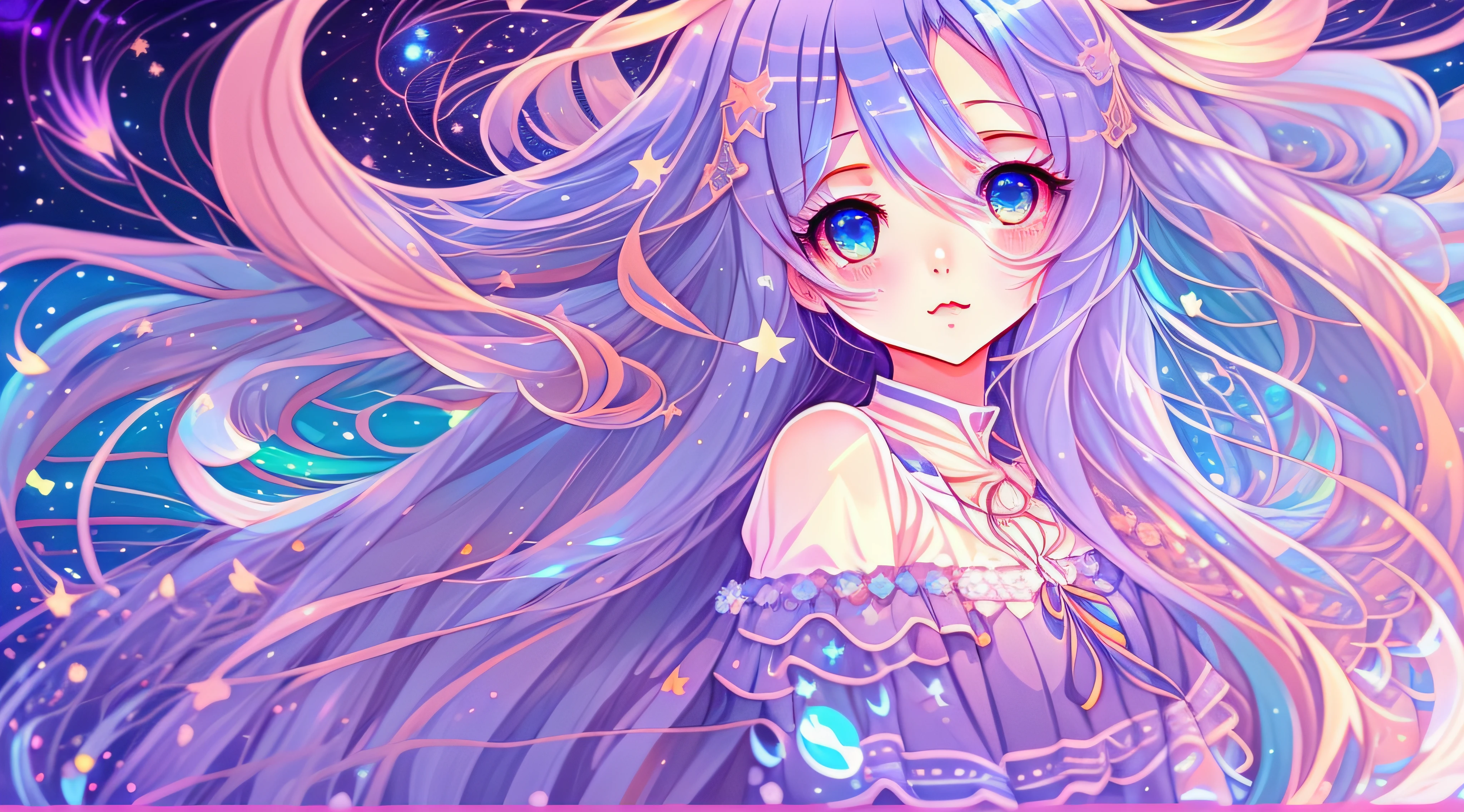 Anime girl with long hair and blue eyes in waves, anime girl with cosmic hair, Digital art on Pixiv, A beautiful artwork illustration, Cute detailed digital art, Beautiful anime artwork, Anime fantasy illustration, Detailed digital anime art, Soft anime illustration, pixiv contest winner, Loish et WLOP, Beautiful anime art, beautiful anime art style