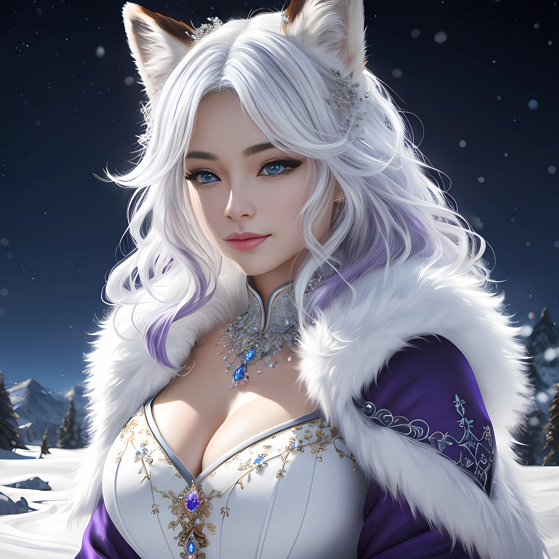 8k,hyper HD,best qualtiy,Artistically,perfect compositions,A Renaissance oil masterpiece,ultra-realistic realism,{1 beautiful fox}portrait of,{Canine quadrupeds},Fantastic innocent blue eyes,intricately details{Snow-white fur},Wearing a luxurious one{Silk silver necklace},(Enchanting purple peaks),Winter wonderland,(Splendid auroras:1.5),Dim, soft light,vivd colour,Fluffy white mane,Scrub fur,Ice droplets on the fur, studio lit,Clear focus,Intricate fur,Bright and detailed eyes,Highly detailed face,Centered face,Highly detailed sky,with dynamism,对称,professinal,Detailed brush strokes,Detailed digital strokes,unreal-engine,Intricate mouth,