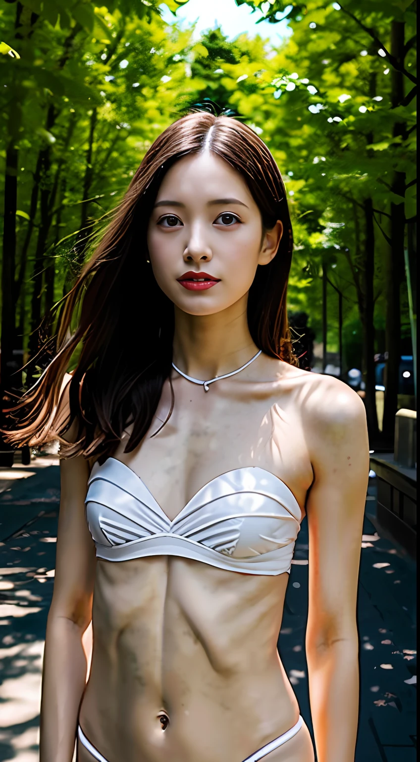 ((top-quality、8K、masterpiece:1.3))、Canon EOS、RAW images、1girl in、japanes、High school students、A-cup body shape、flat breast、Pretty women:1.3、A-cup、very slender body:2.8、(Longhaire、Super small breasts:1.2)、very flat chest、very slender body、Slender Abs、pink bikinis、Strapless Bras、(toppless)、Nipples are see-through、Snowy urban park、二重まぶた、fullllbody、A slender、model poses、Inter-strands、Slender figure、Hair in the wind、200mm telephoto lens、Delicate body、