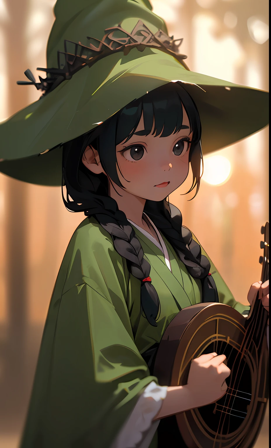 (Pretty little girl with braids wearing a simple green witch's big hat), (cute girl about 10 years old), playing the lute, (masterpiece), (extremely intricate:1.3), (realistic), portrait of a little girl, the most beautiful in the world, (simple green witch's robe) , upper body, forest, intense sunlight, professional photograph of a stunning girl detailed, sharp focus, dramatic, award winning, cinematic lighting, , volumetrics dtx, (film grain, blurry background, blurry foreground, bokeh, depth of field, sunset, motion blur:1.3) Realism,Oversized shirt, ,chibi,black eyes,black_eyes