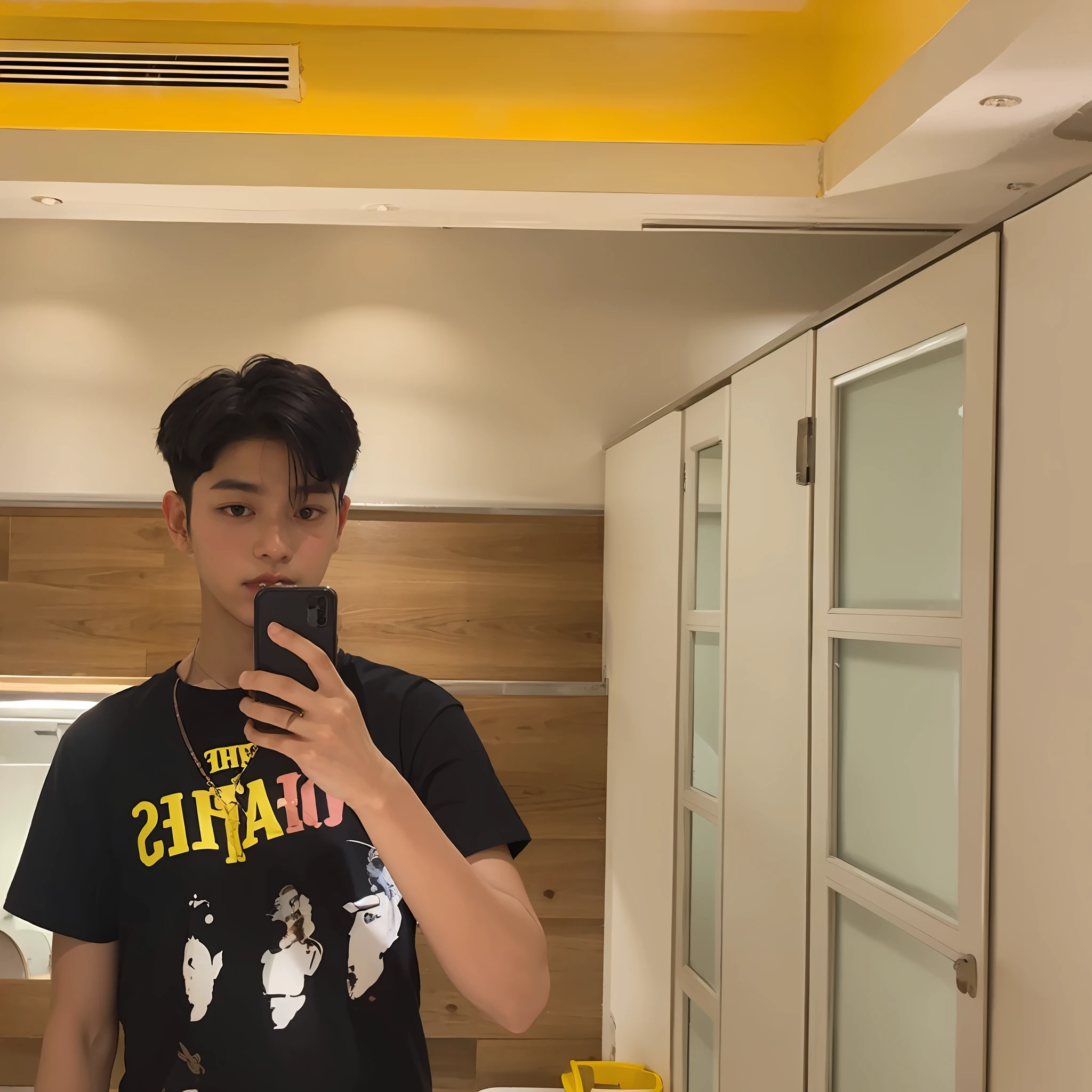 mirror selfie, hes boy and have a black hair, comma hair, and cool boy