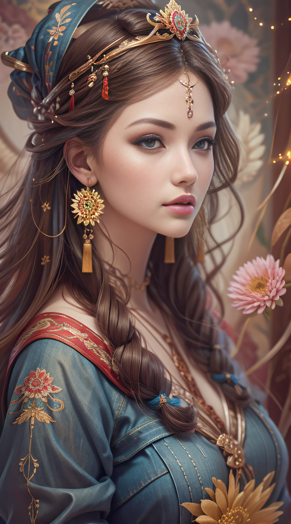 Best quality, masterpiece, ultra-detailed high resolution, (realistic: 1.4), original photos, illustrations,
1 Girl Holding Weapon, (Solo Exhibition: 1.2), (Denim Lens: 1.2), (Hair Crown: 1.2), Chinese Dunhuang Traditional Costume, No Straps, (Red Eyeliner: 1.2), (: 1.4), Earrings, Dynamic Angle, Opera House, messy_long_hair, Ink, Movie Lights, lens_flare, Velvet, Chrysanthemum, Tassels, Ribbons, Color Embroidery,