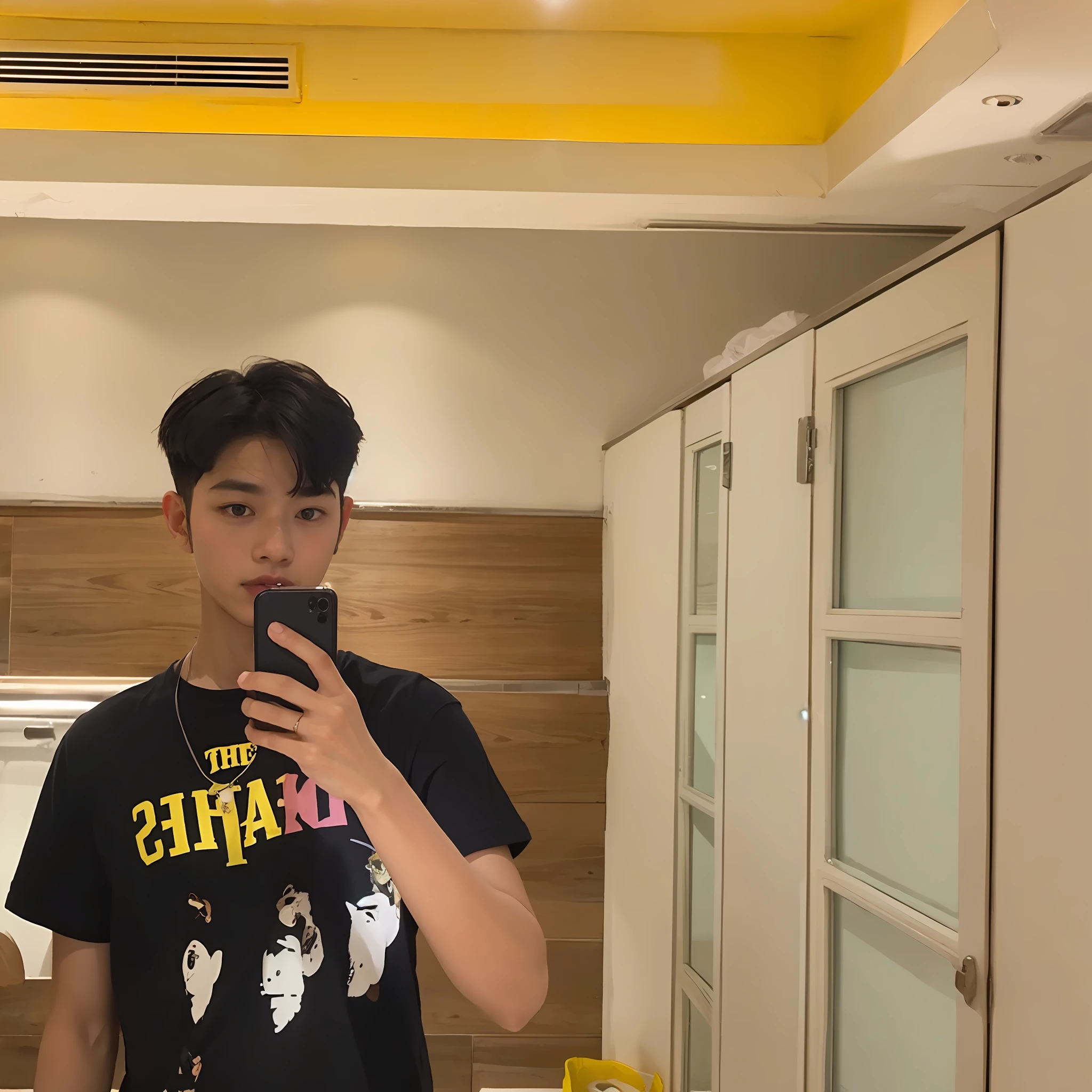 mirror selfie, hes boy and have a black hair, comma hair, and cool boy