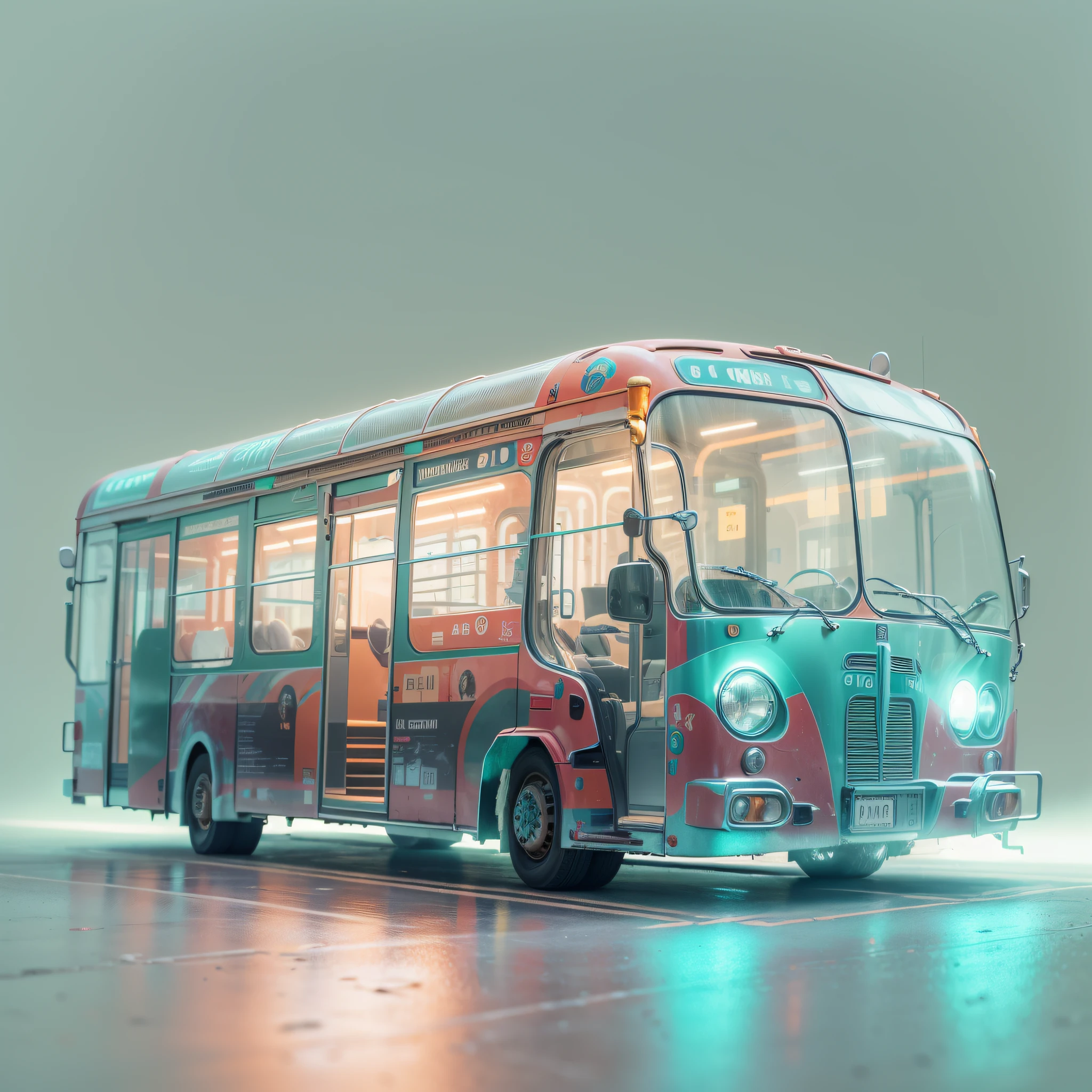 1 transparent bus, Colored Transparent plastic, Cyberpunk, Industrial design, clean, Luminous neon lamp, White background, Surrealism, UHD, high details, best quality, 4k