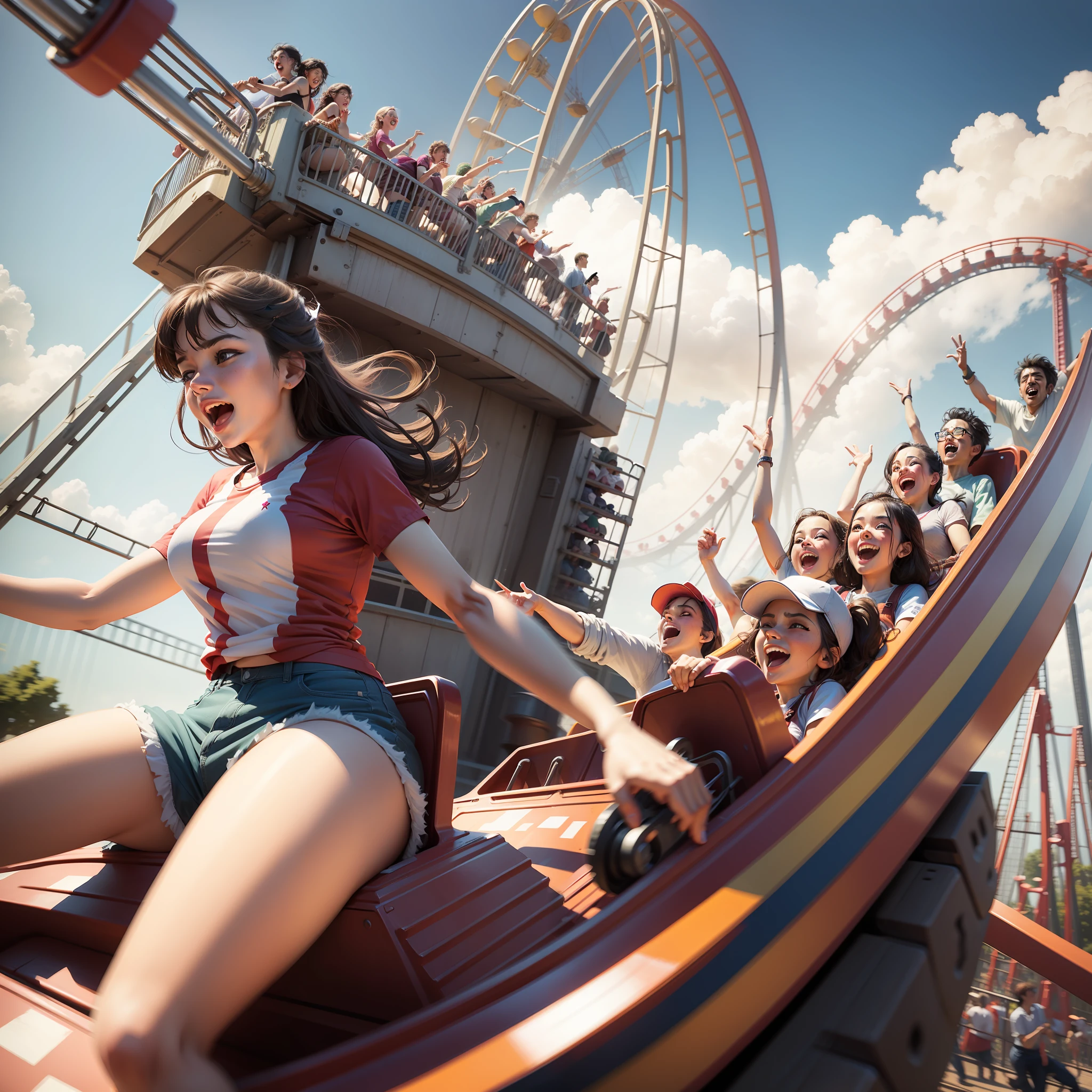 A dozen friends playing roller coaster in a large amusement park