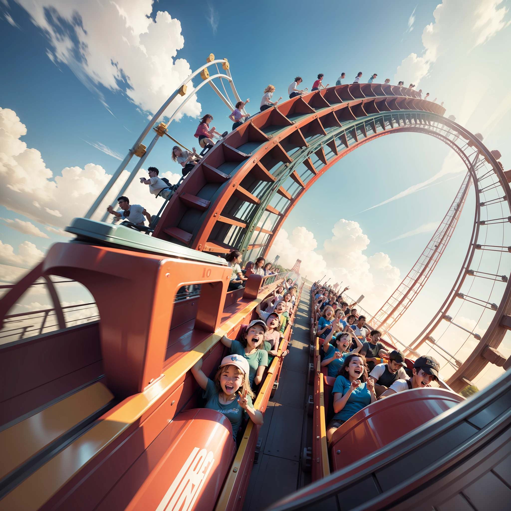 A dozen friends playing roller coaster in a large amusement park